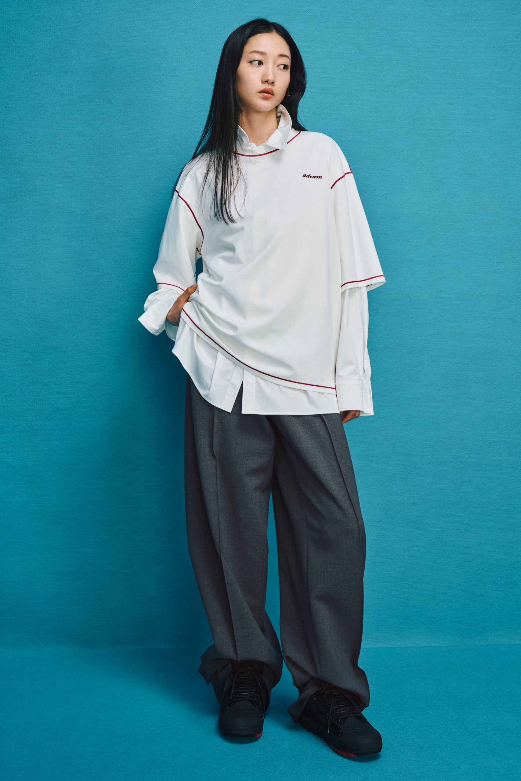 oversized white shirt with gray pants