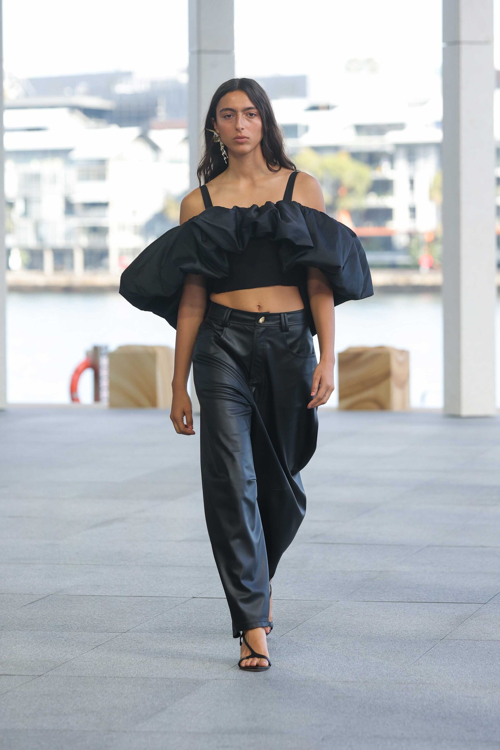 black cotton sleeveless off-shoulder fitted ruffled layered top