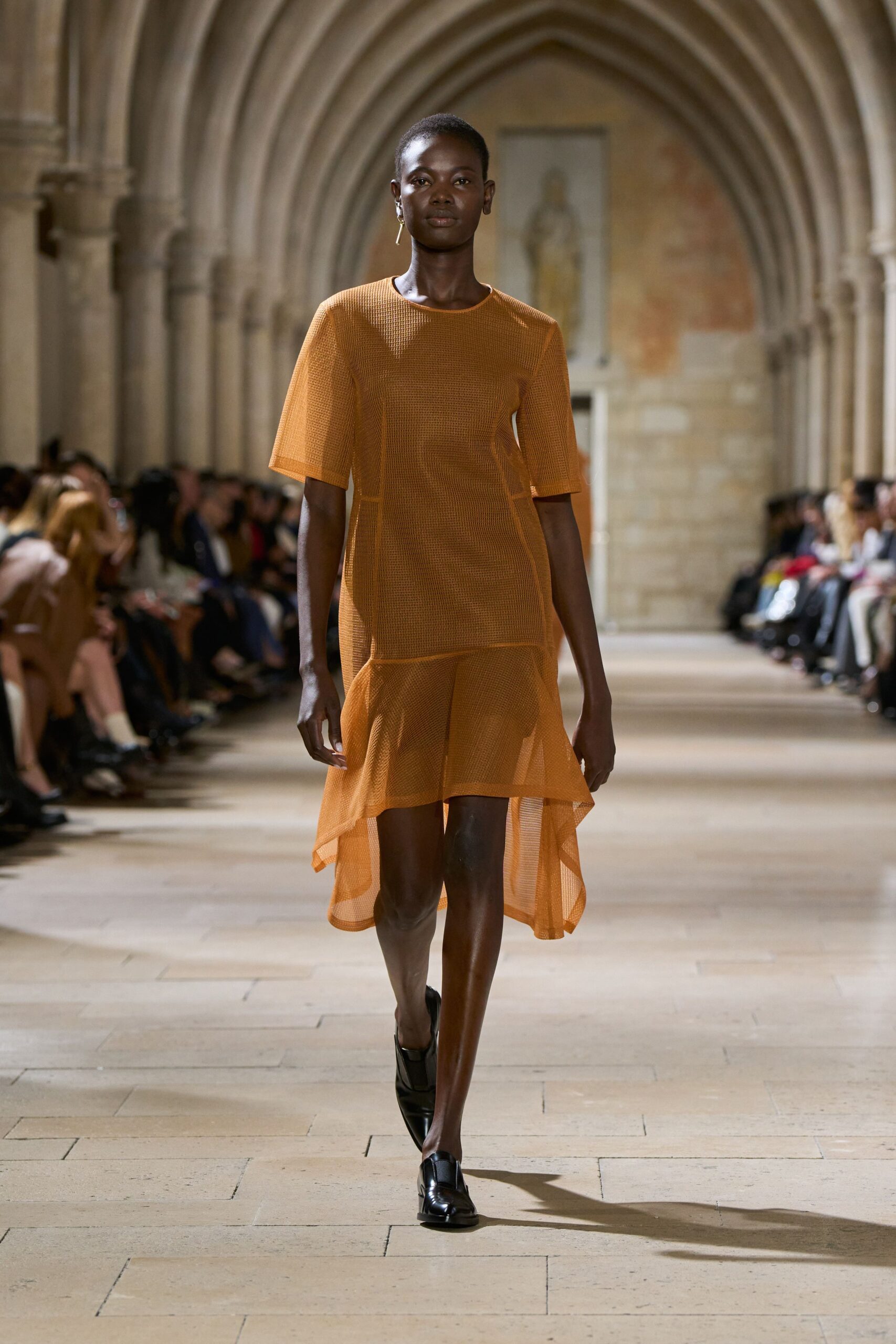 orange cotton short-sleeve scoop-neck relaxed layered flowing dress