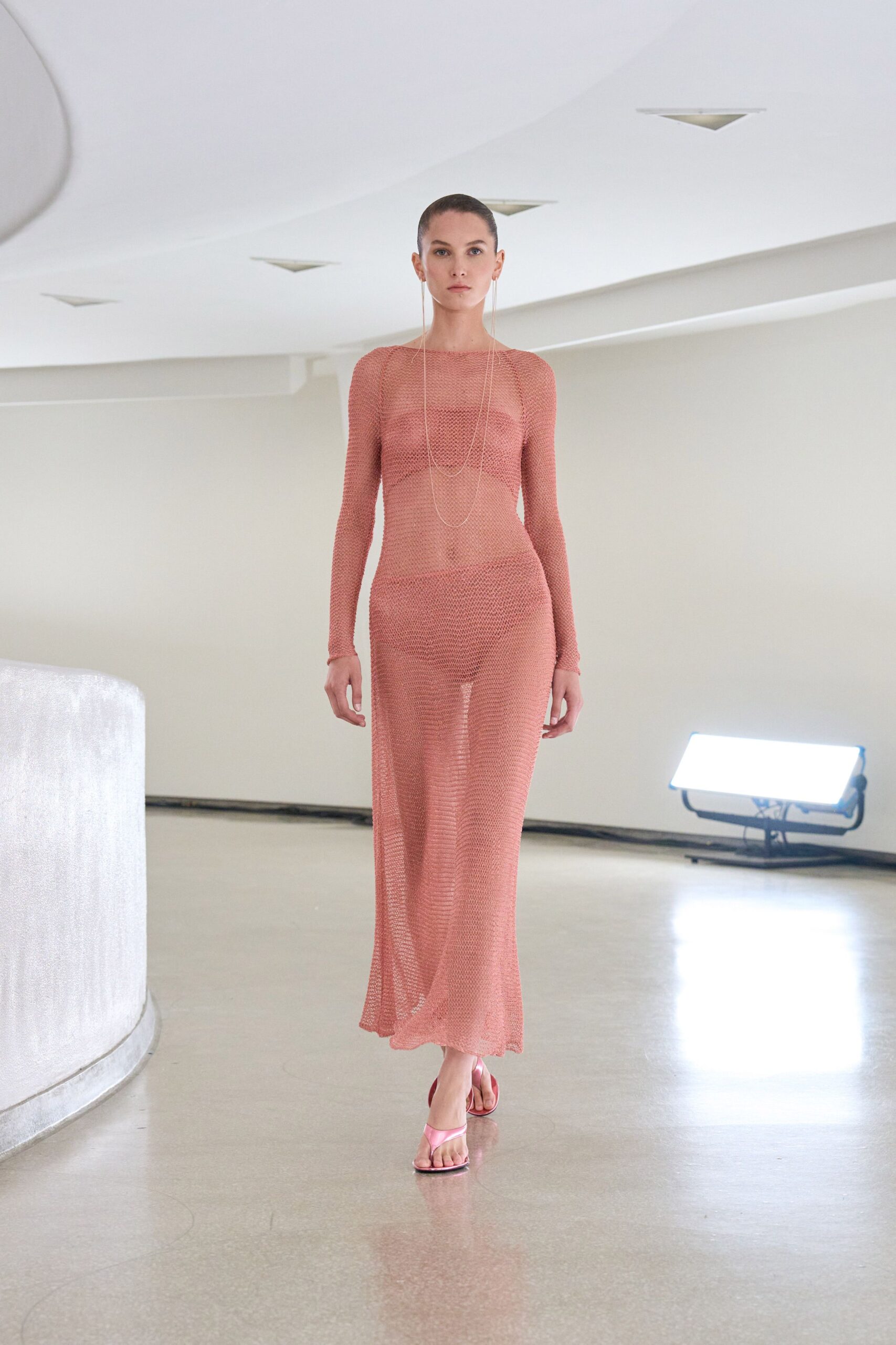 pink mesh long-sleeve v-neck fitted sheer flowing dress