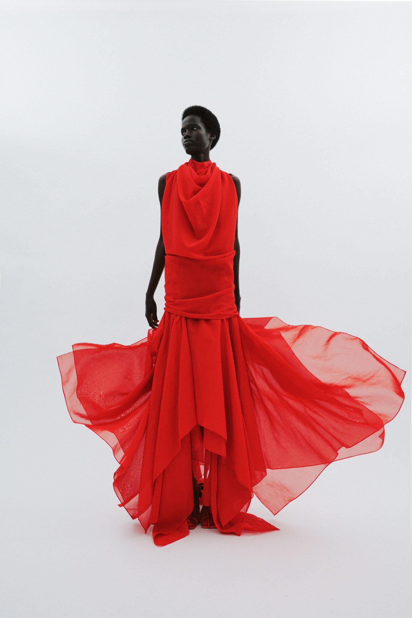 red chiffon sleeveless gown