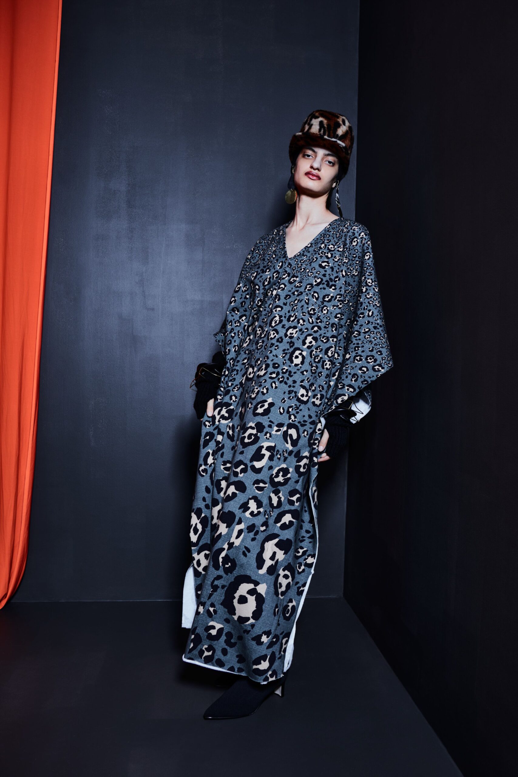 gray silk v-neck sleeveless relaxed printed maxi dress