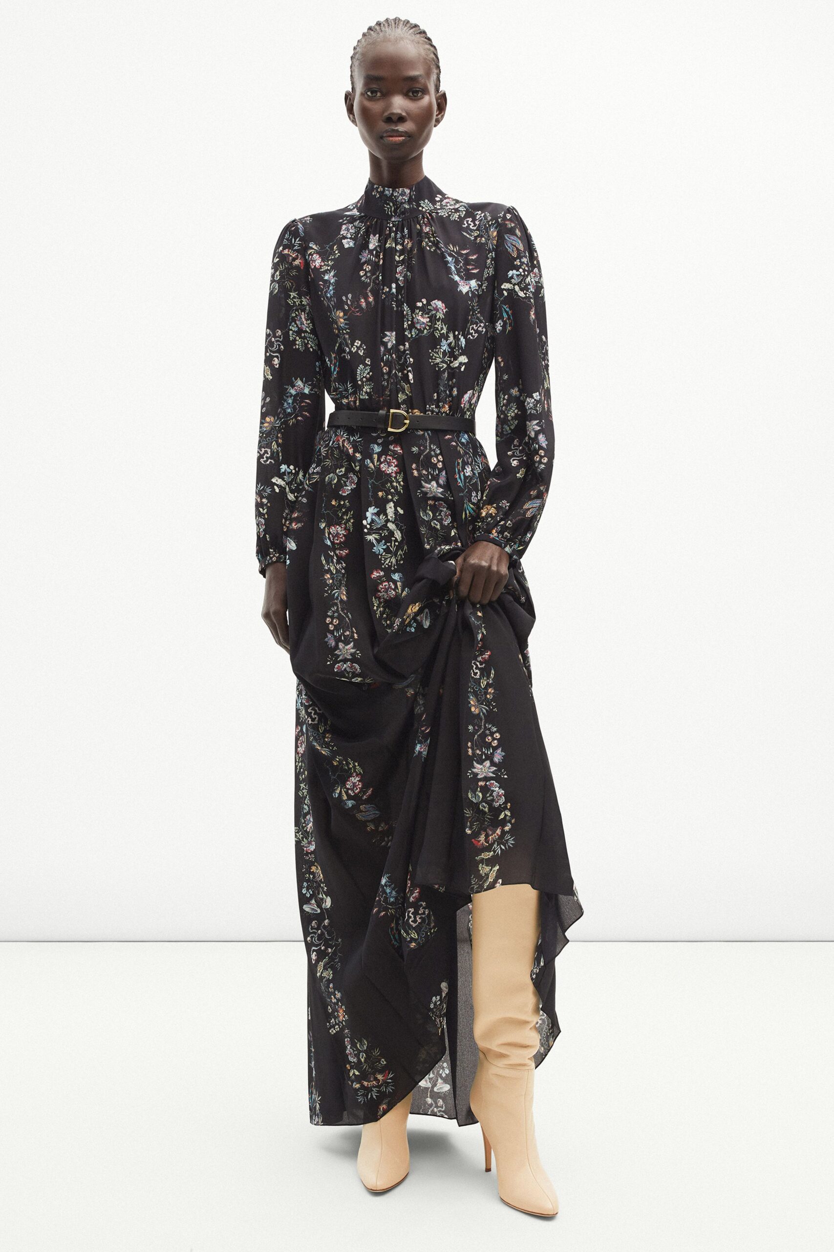 black floral maxi dress with beige boots
