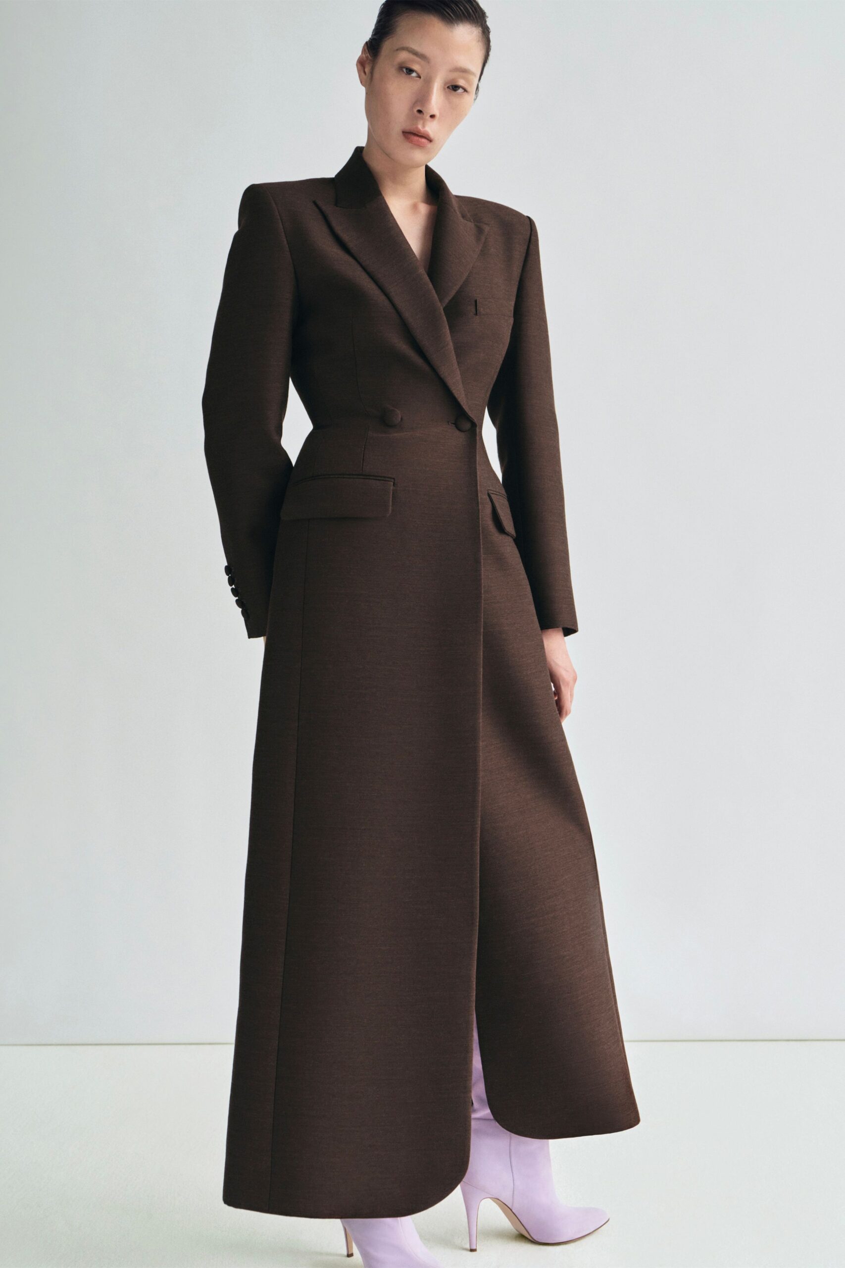 brown wool long-sleeve collared fitted pencil maxi gown