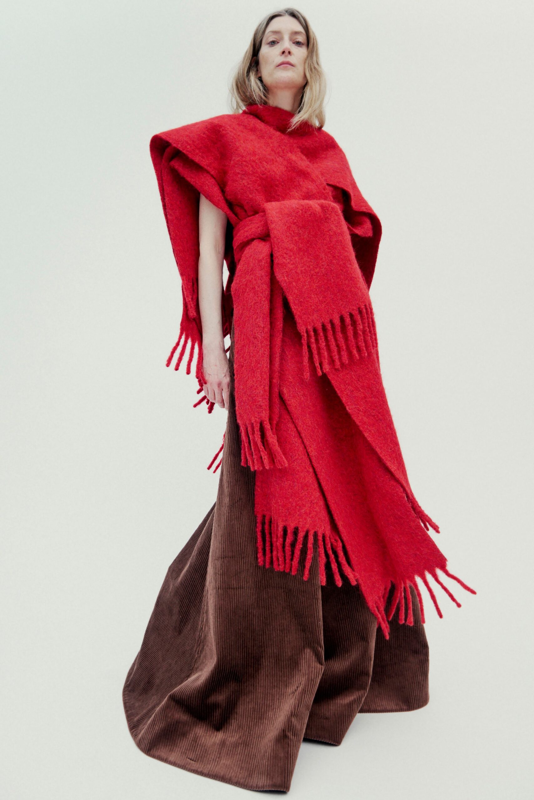 red wool oversized fringed poncho