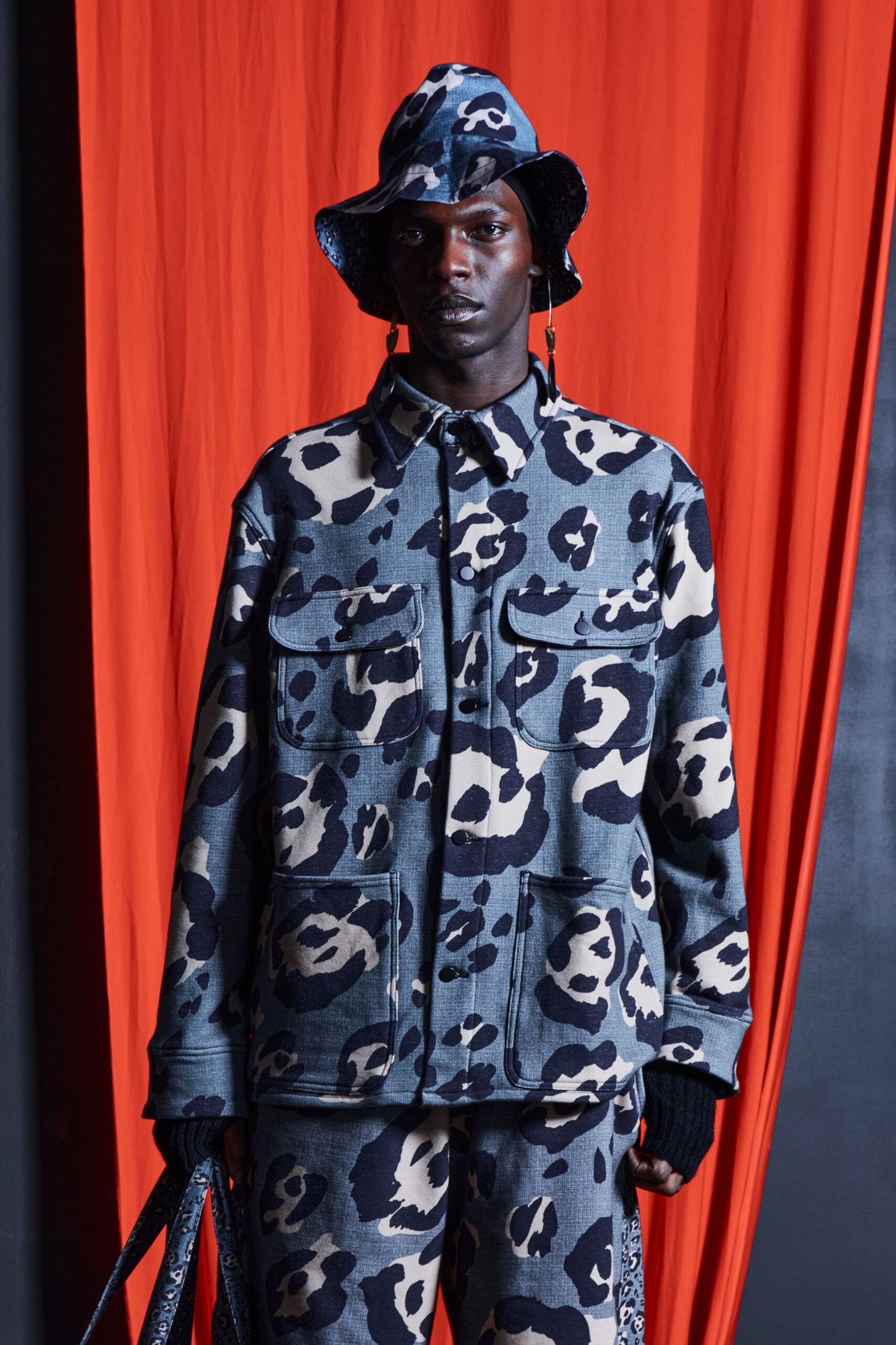 blue animal-print jacket and pants