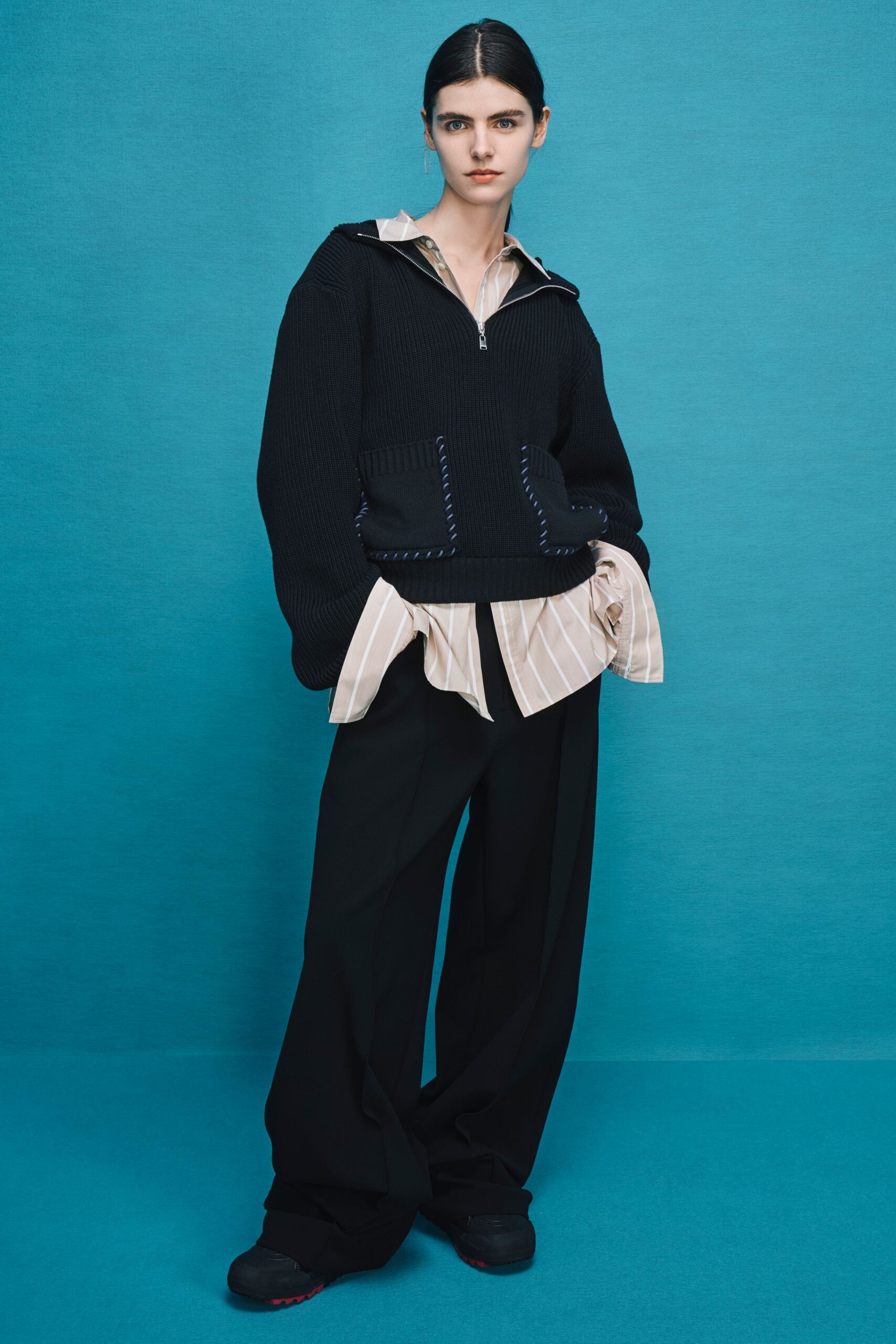 black oversized hoodie with striped shirt