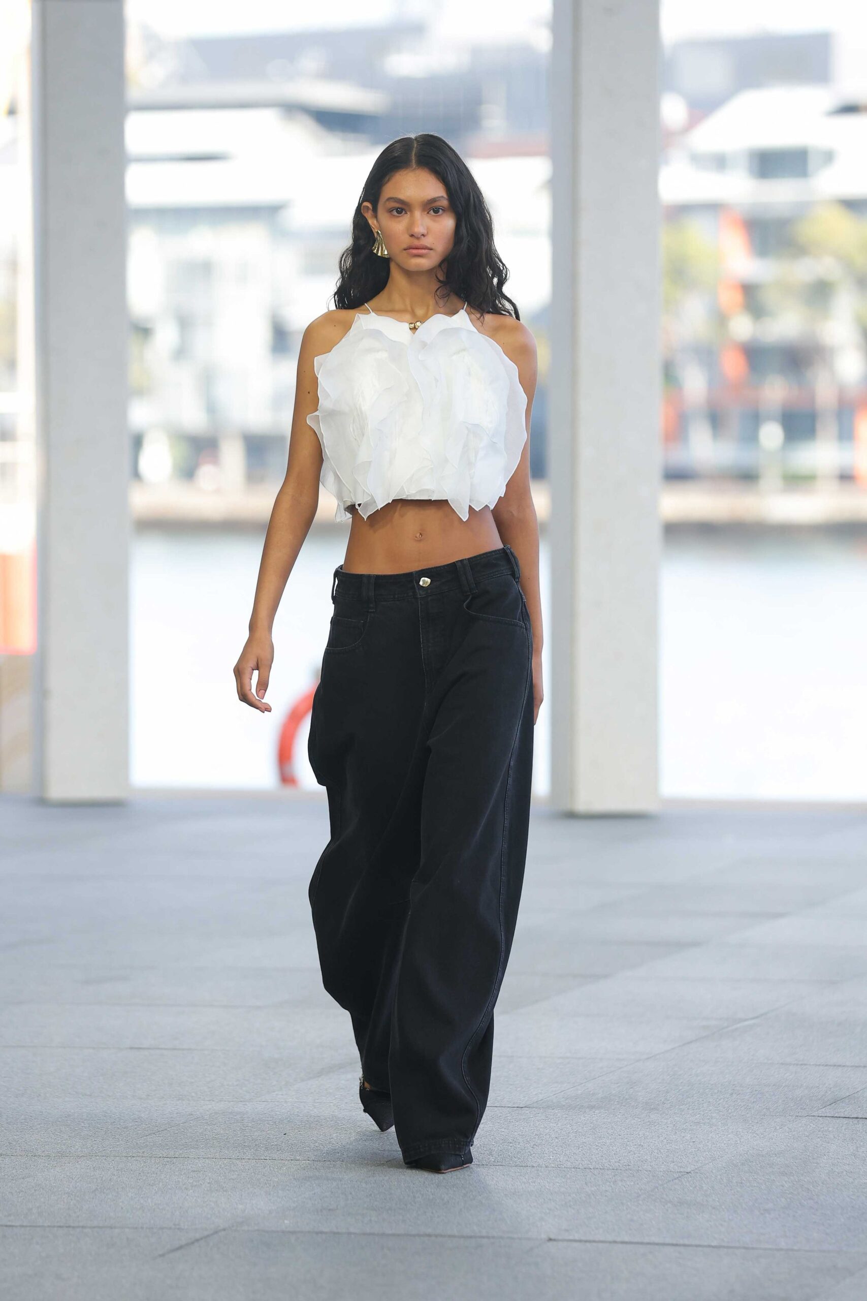 white chiffon sleeveless high-neck relaxed layered draped top