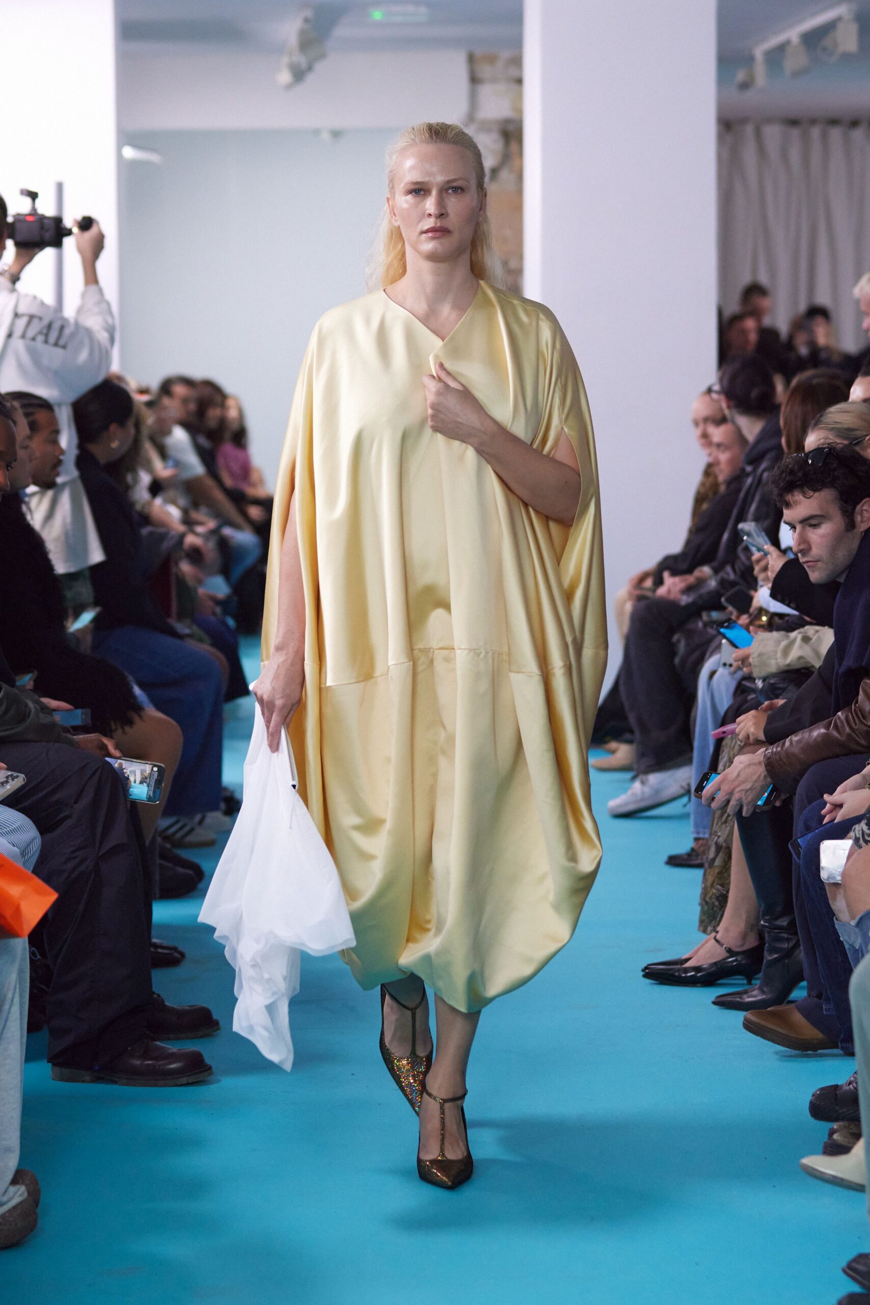 yellow silk relaxed midi dress