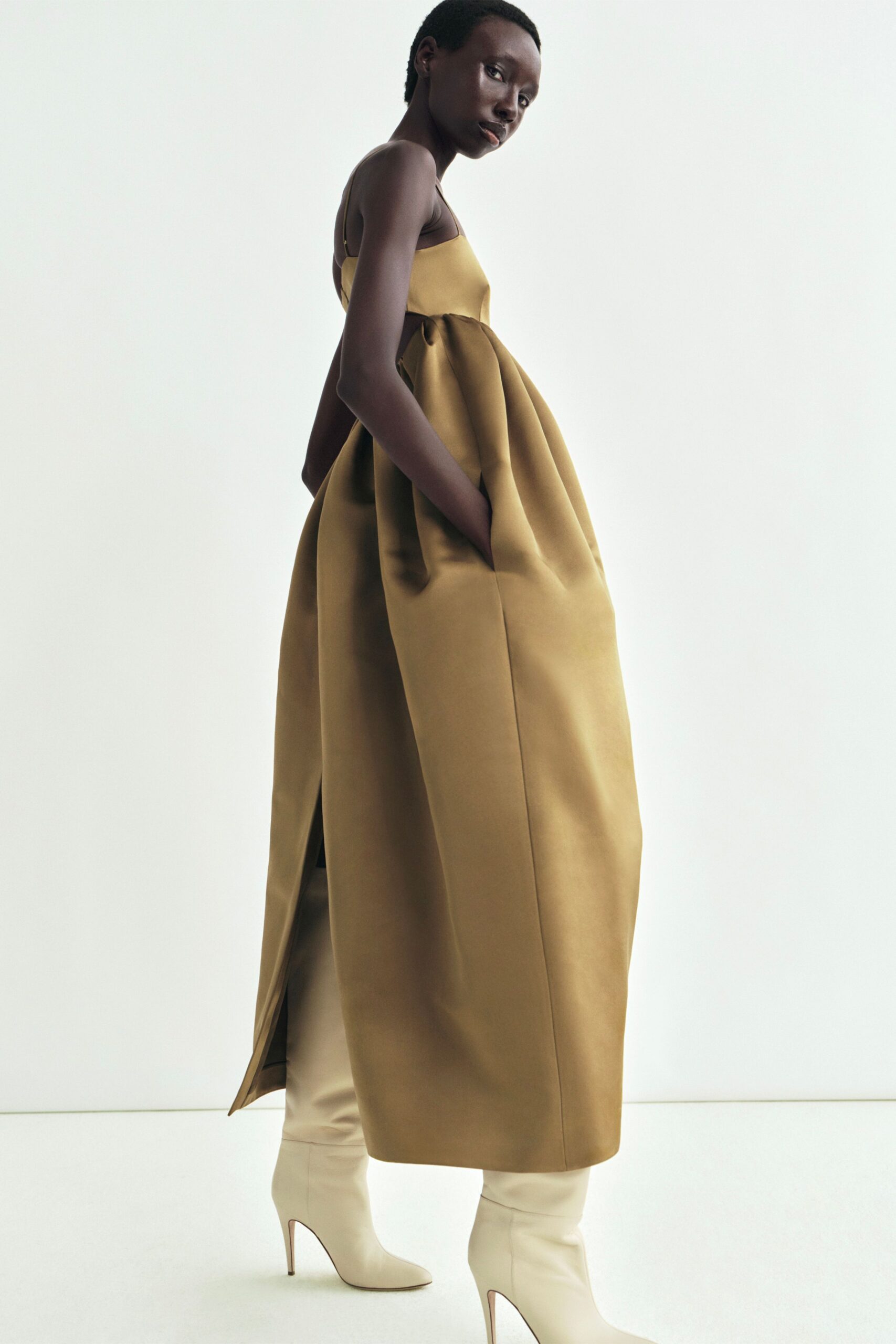 brown silk relaxed maxi dress with pockets