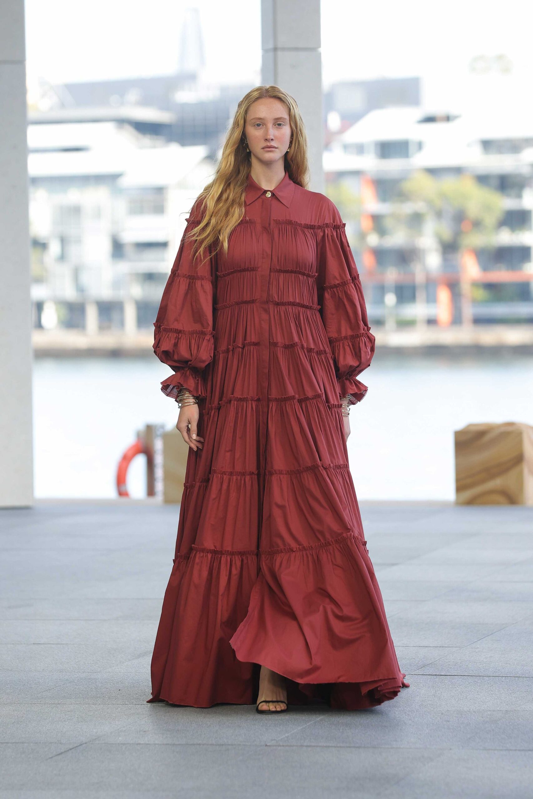 red cotton long-sleeve collared oversized tiered ruffled dress
