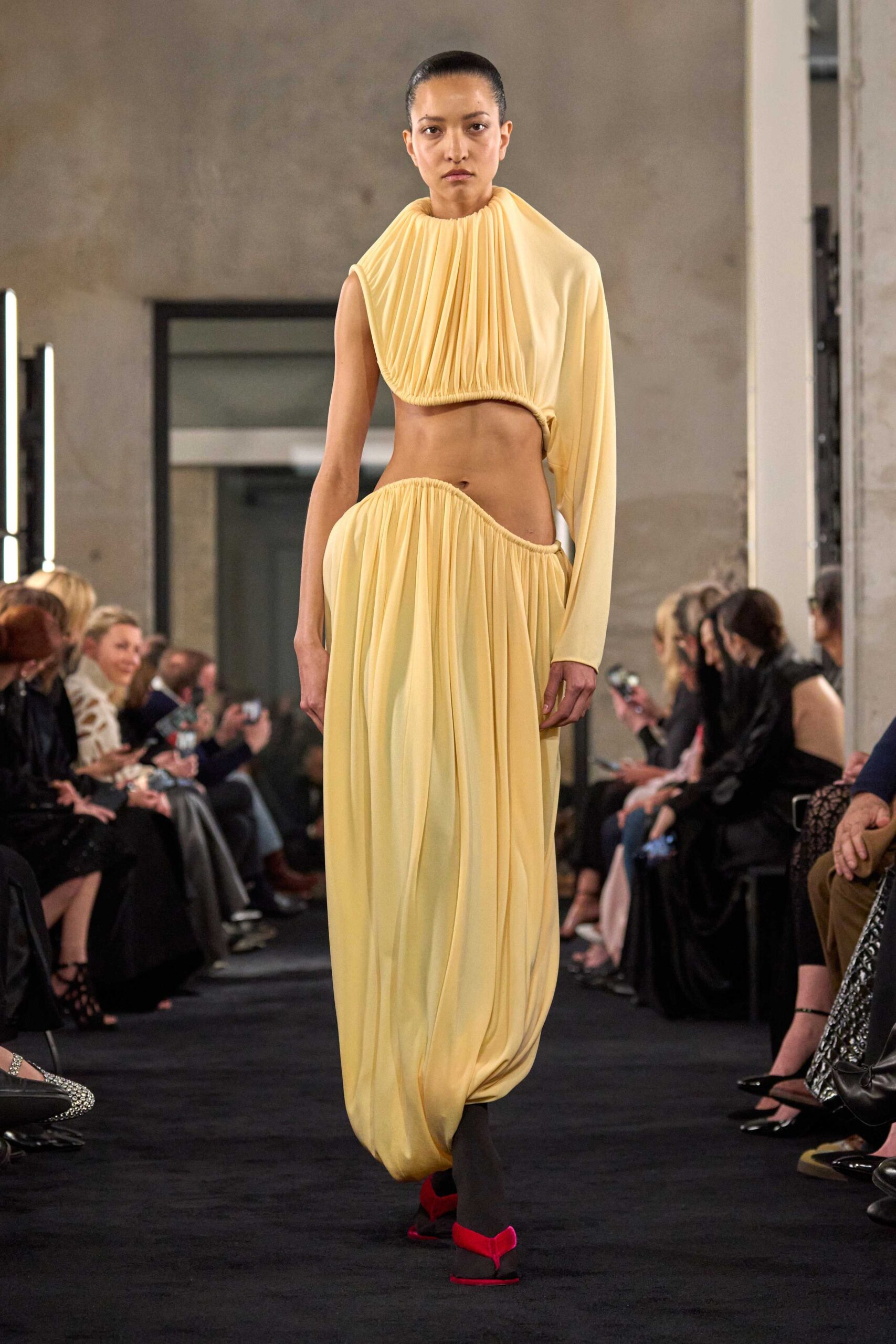 yellow silk sleeveless high-neck fitted draped top