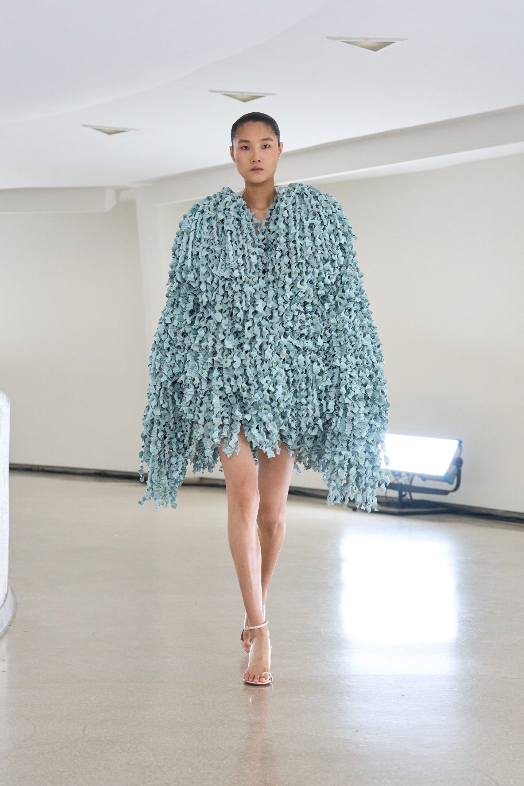 blue silk oversized fringed cape