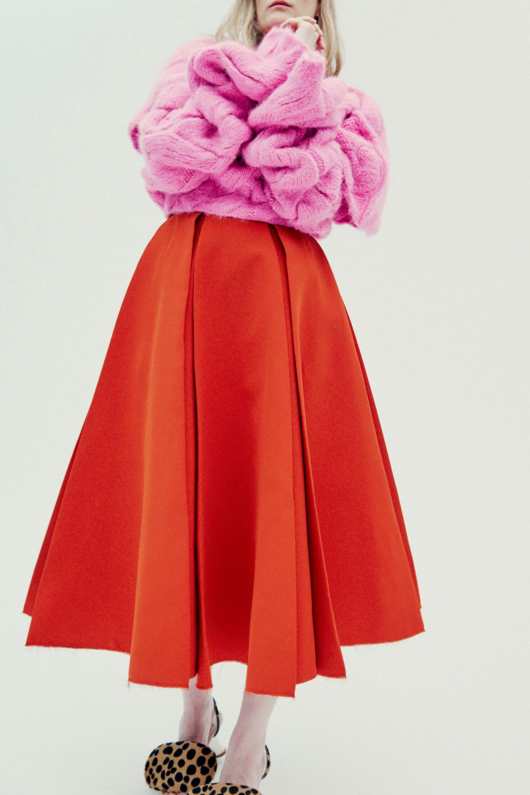 red wool fitted high-waisted pleated a-line midi skirt