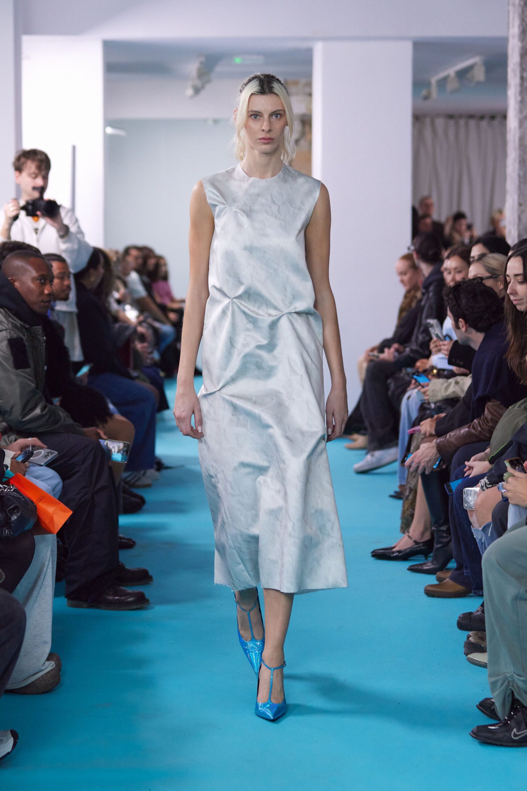blue and white silk midi dress