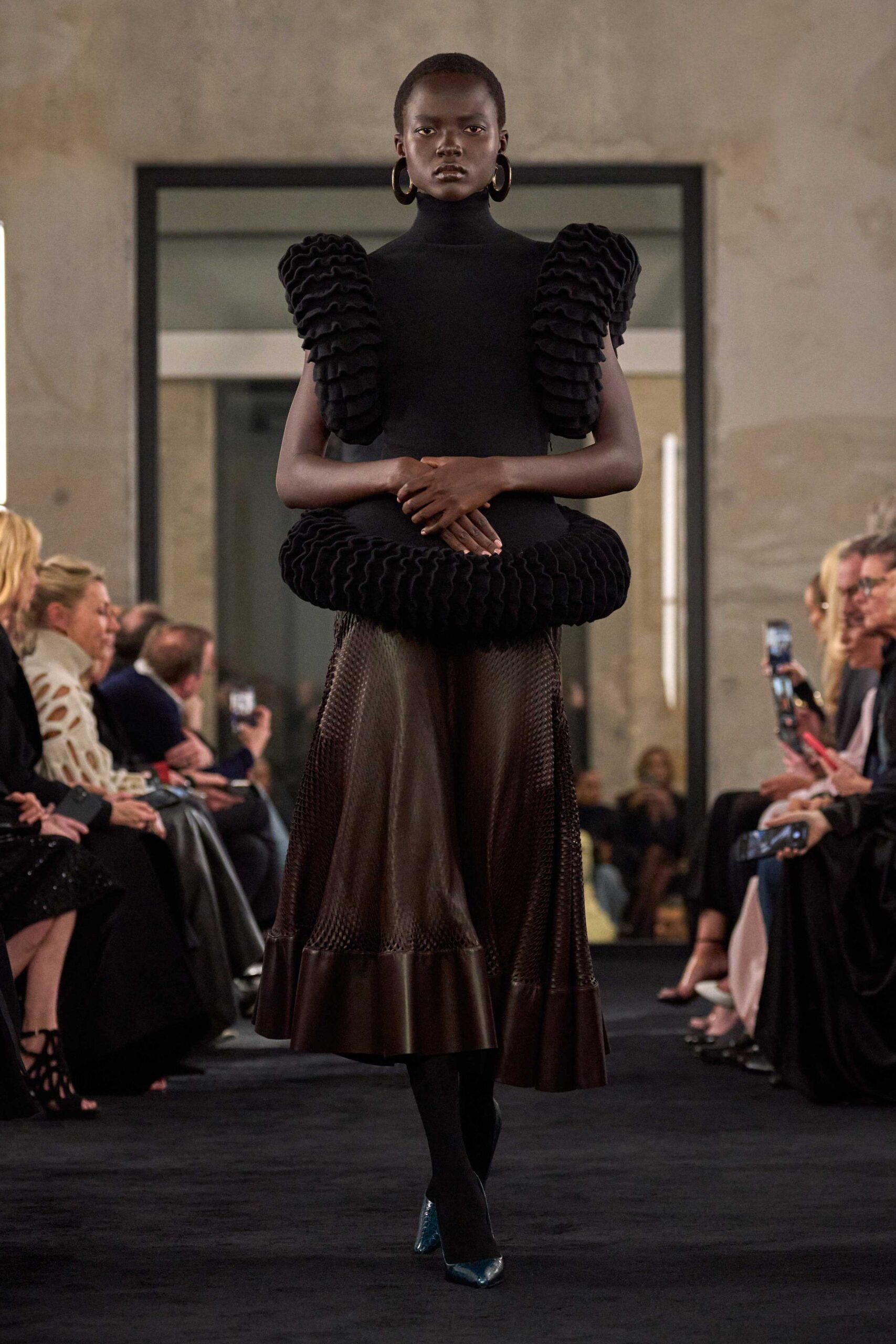 brown leather relaxed flared midi skirt