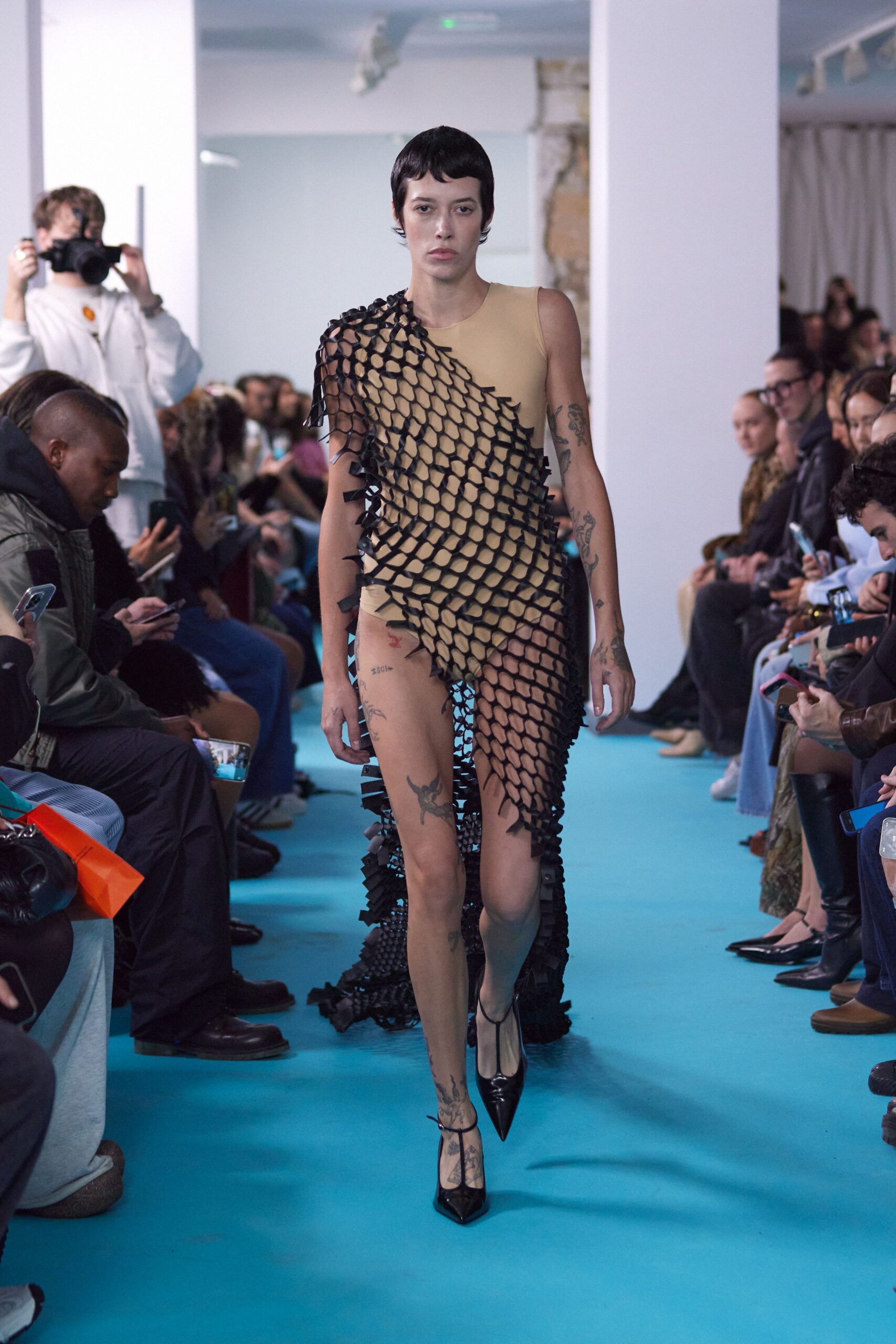 beige mesh sleeveless asymmetric fitted draped mini dress