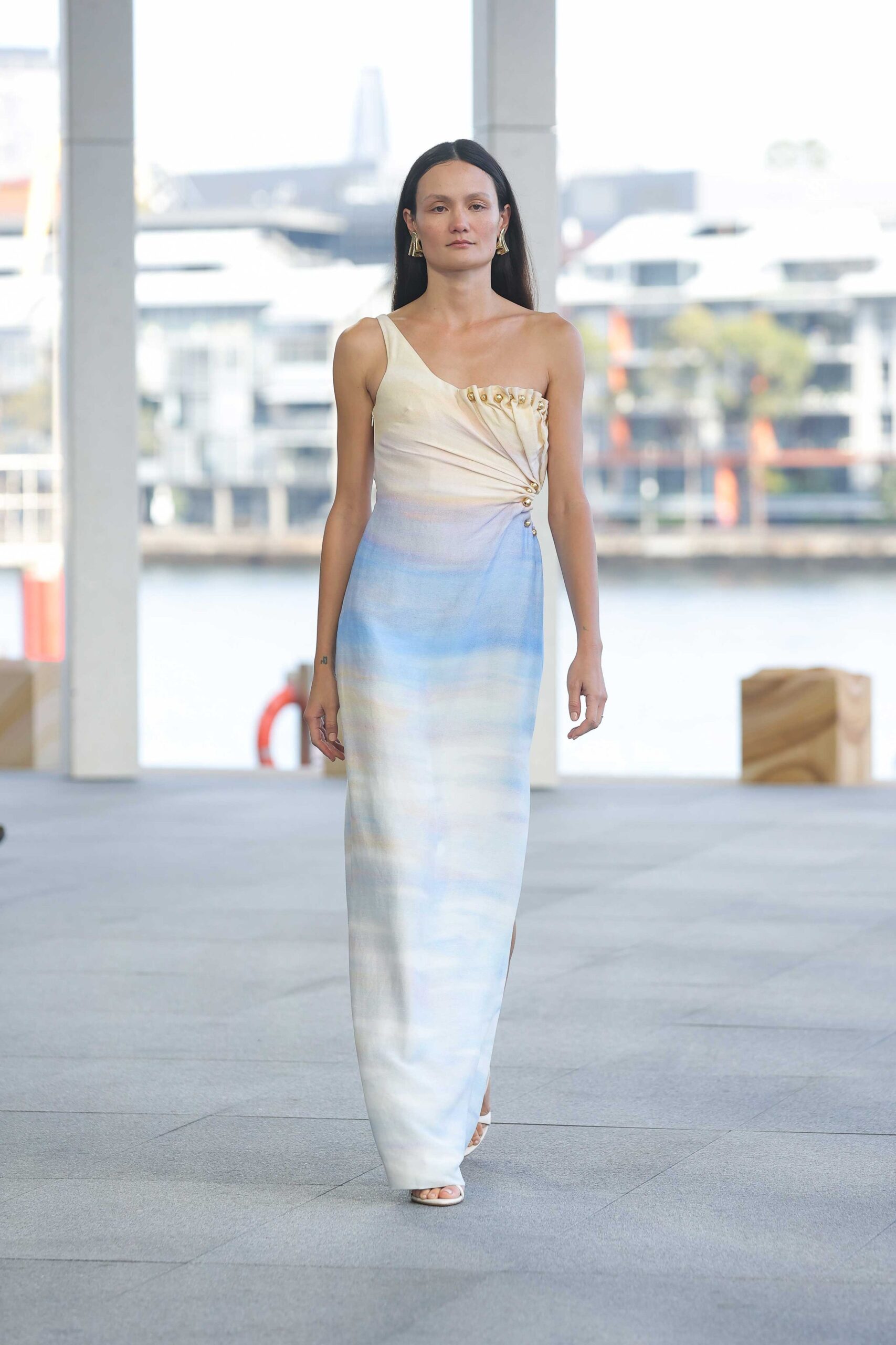 white silk off-shoulder sleeveless fitted draped ruched dress