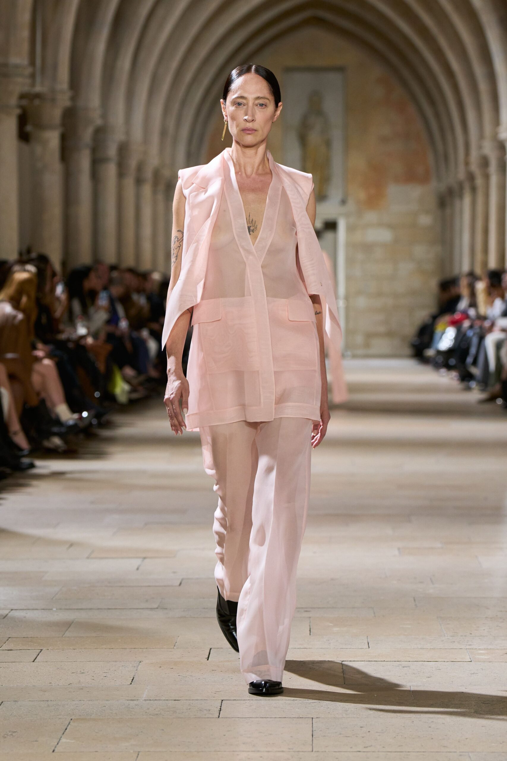 pink silk long-sleeve v-neck fitted layered sheer pants