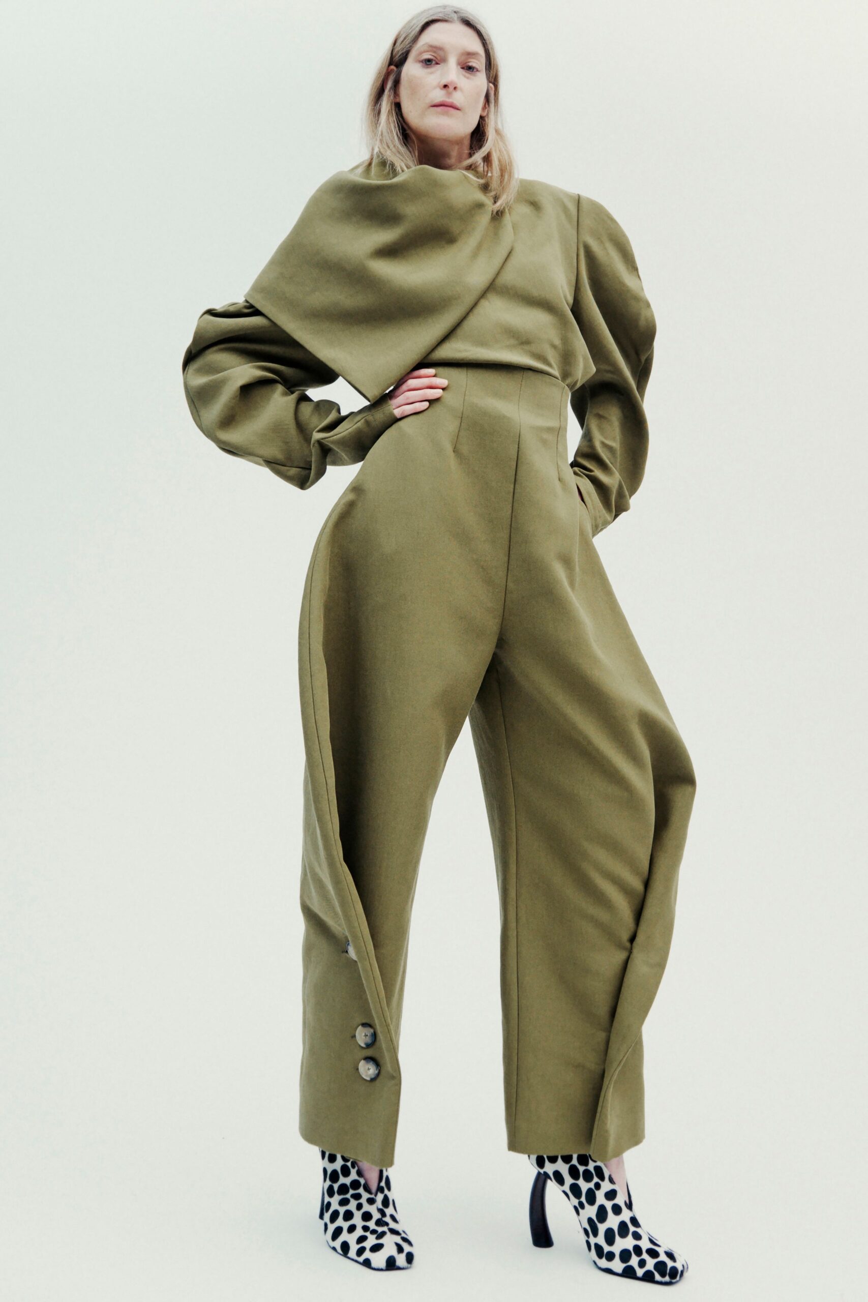green relaxed top with wide-leg pants