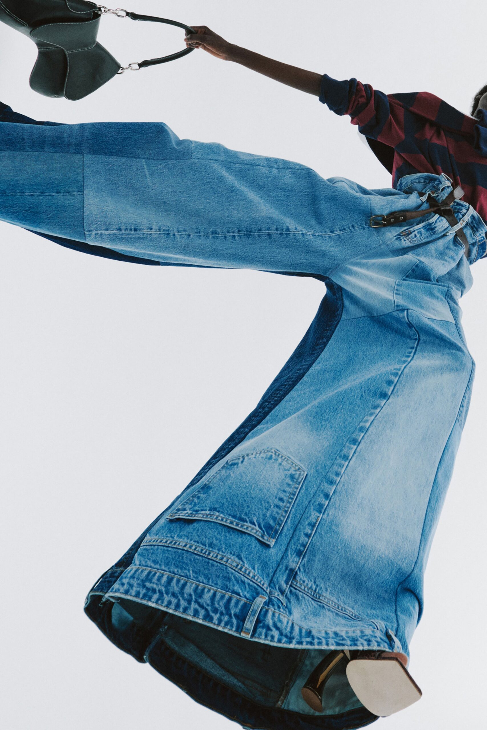 wide-leg denim pants with heels