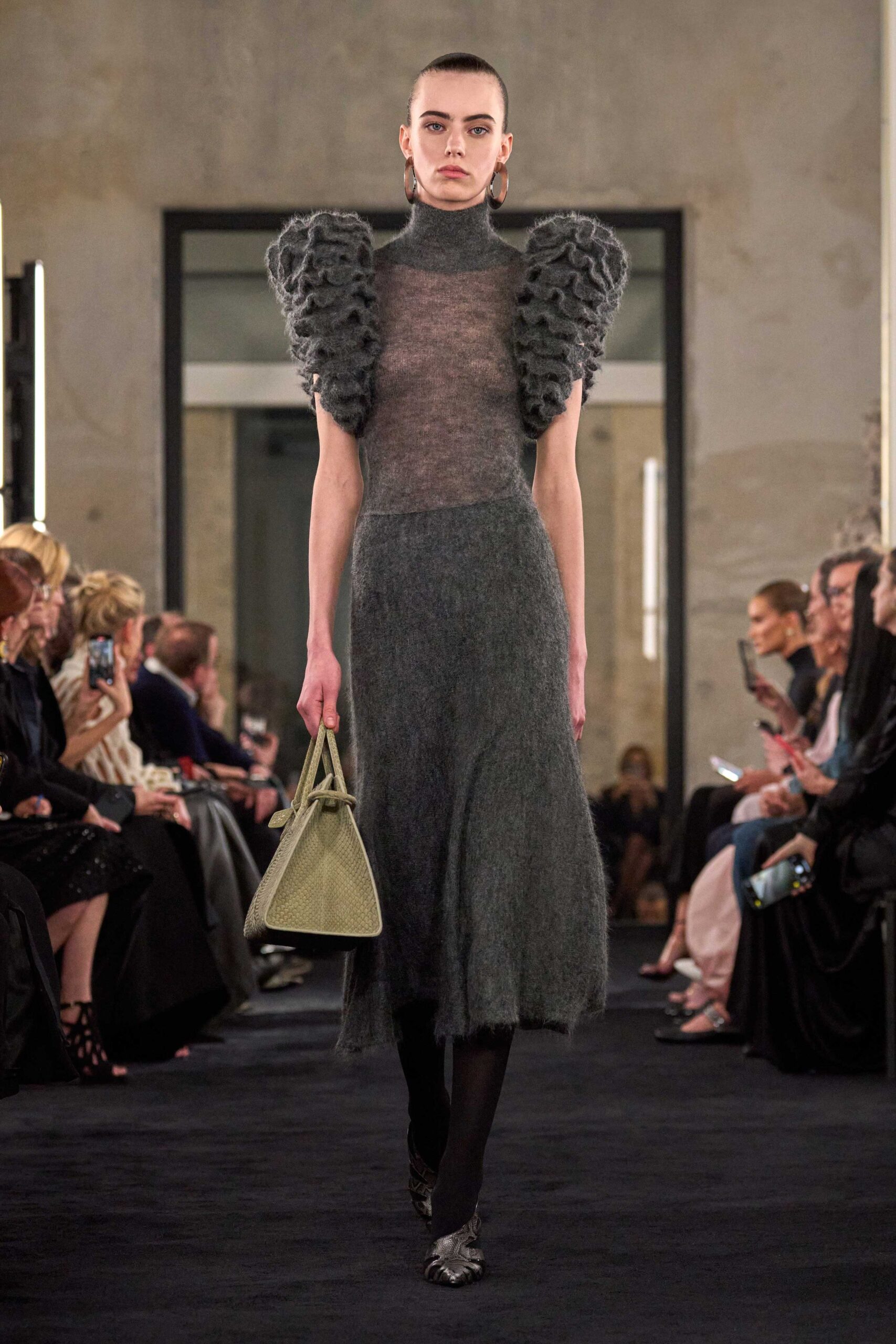 gray wool long-sleeve high-neck fitted ruffled tiered dress