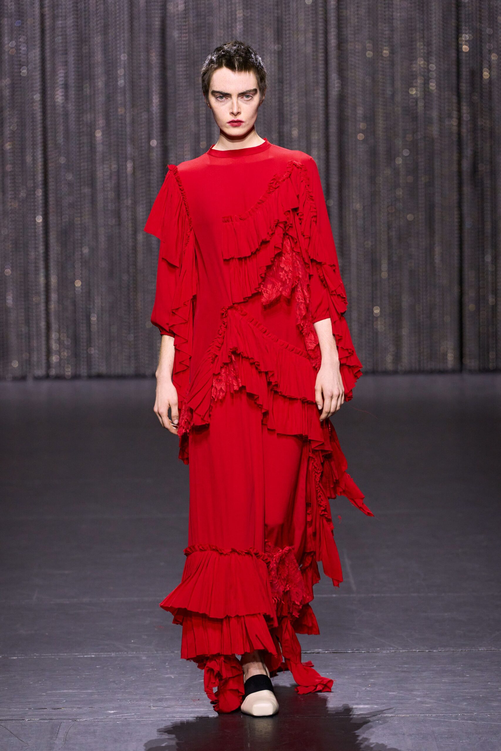 red silk long-sleeve relaxed ruffled layered maxi dress