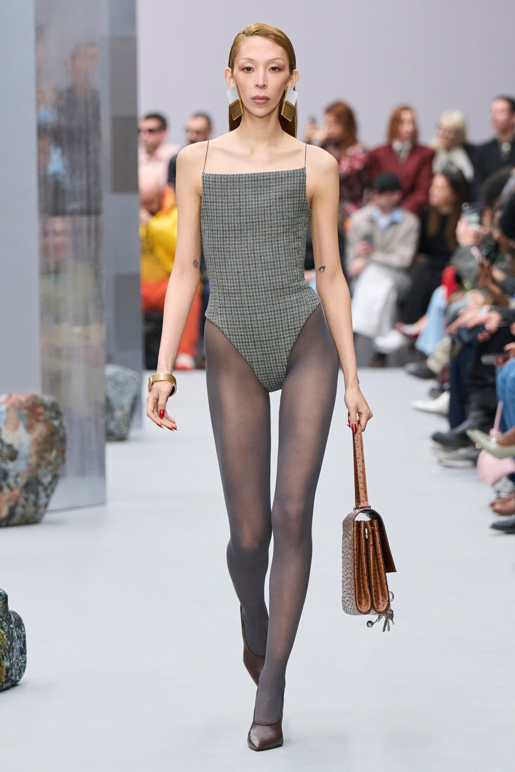 gray cotton sleeveless square-neck fitted checked bodysuit