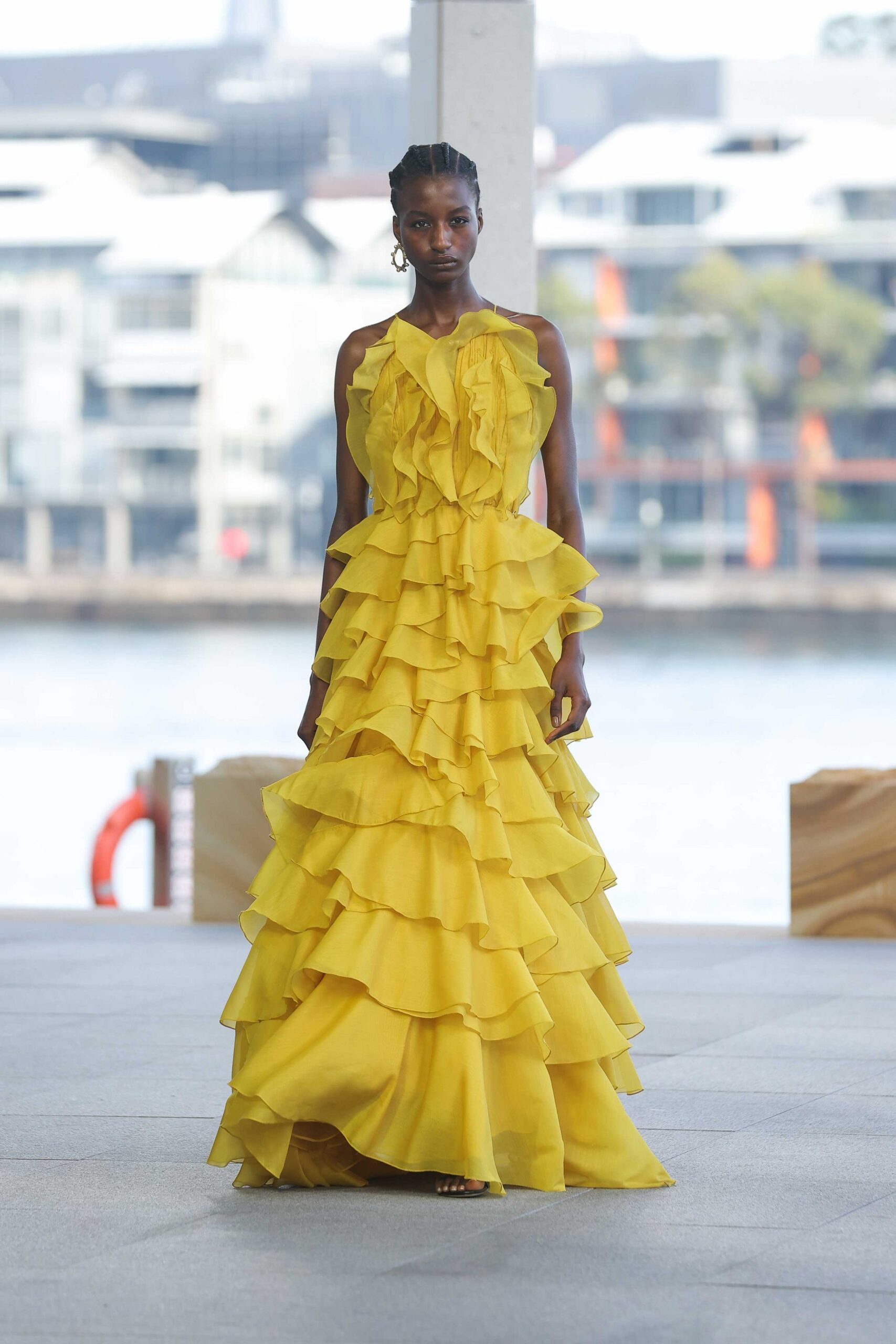 yellow ruffled halter gown