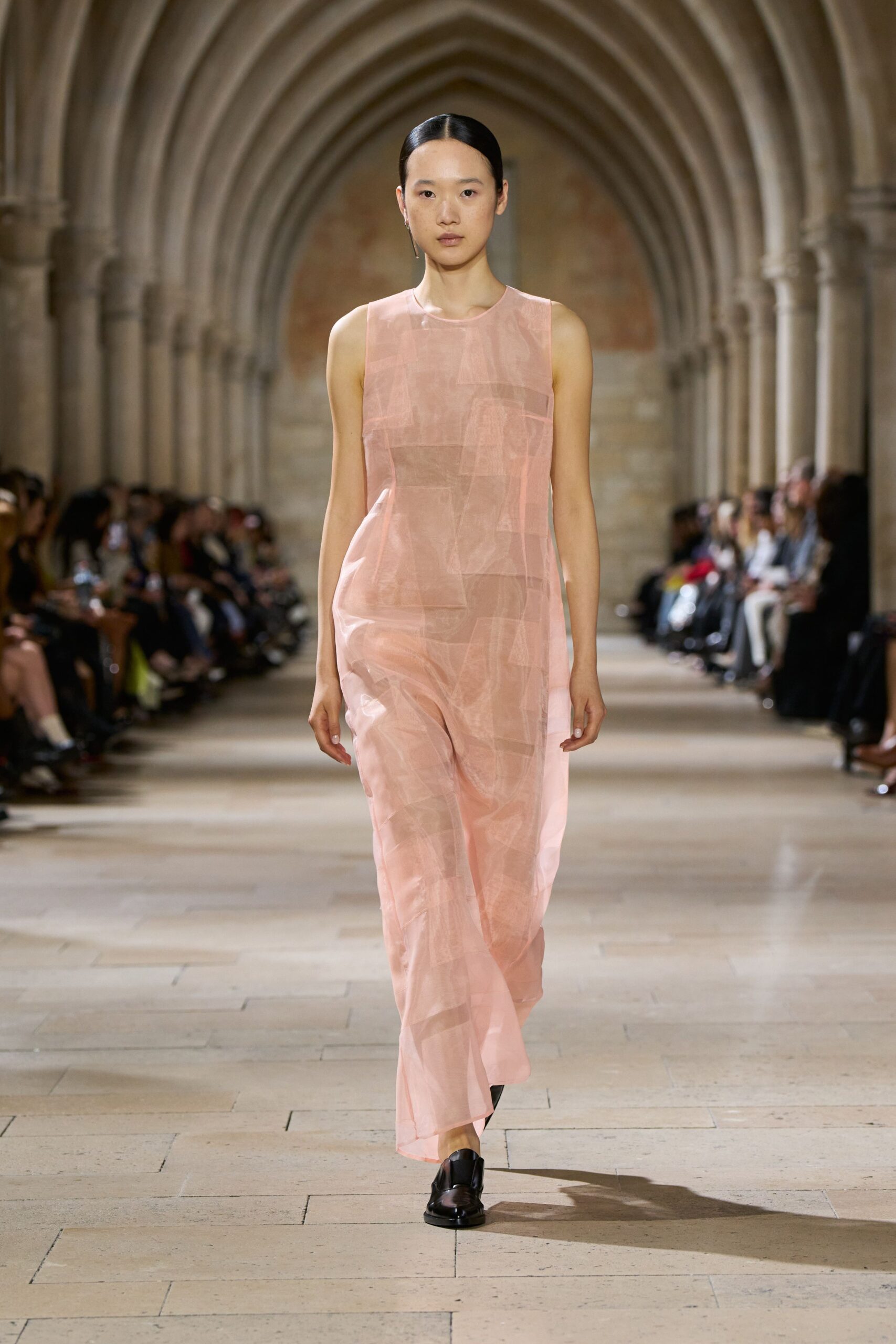 pink silk sleeveless high-neck relaxed layered sheer dress