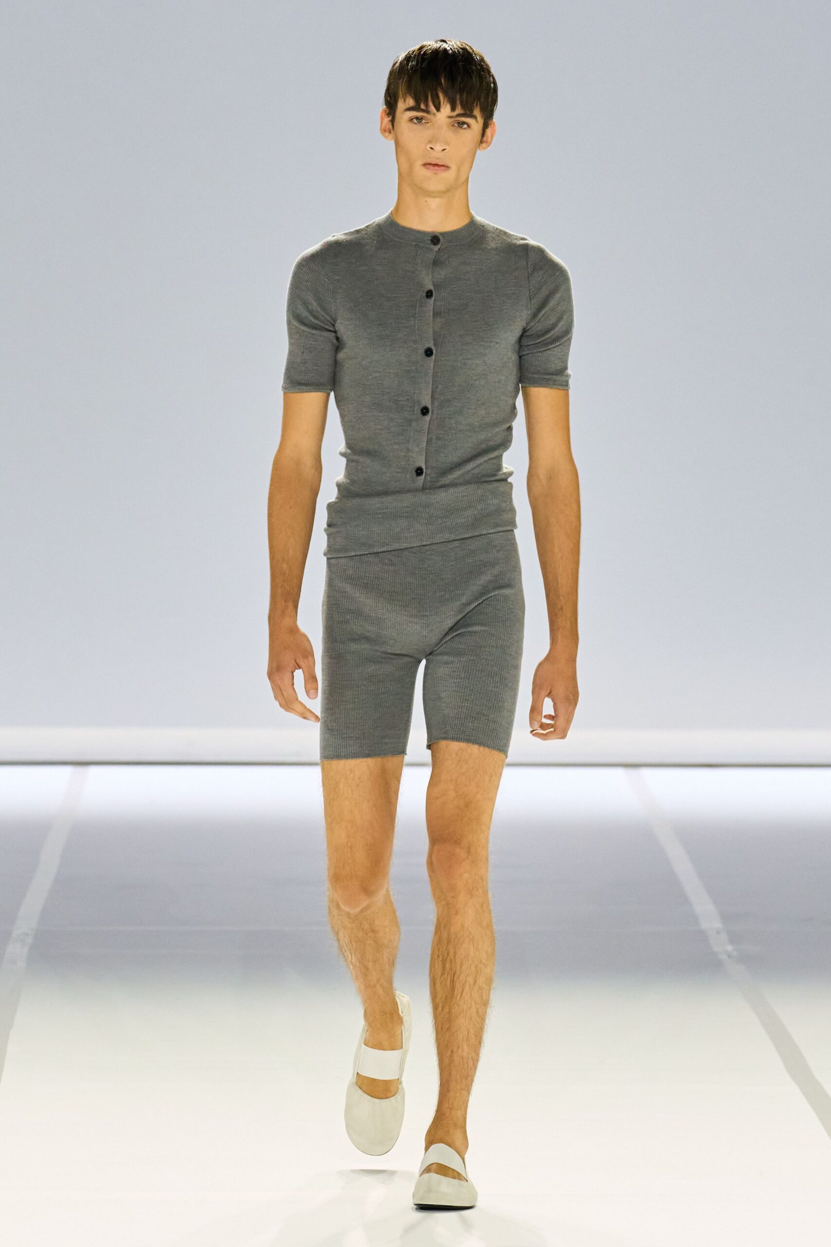 gray cotton short-sleeve collared fitted buttoned romper