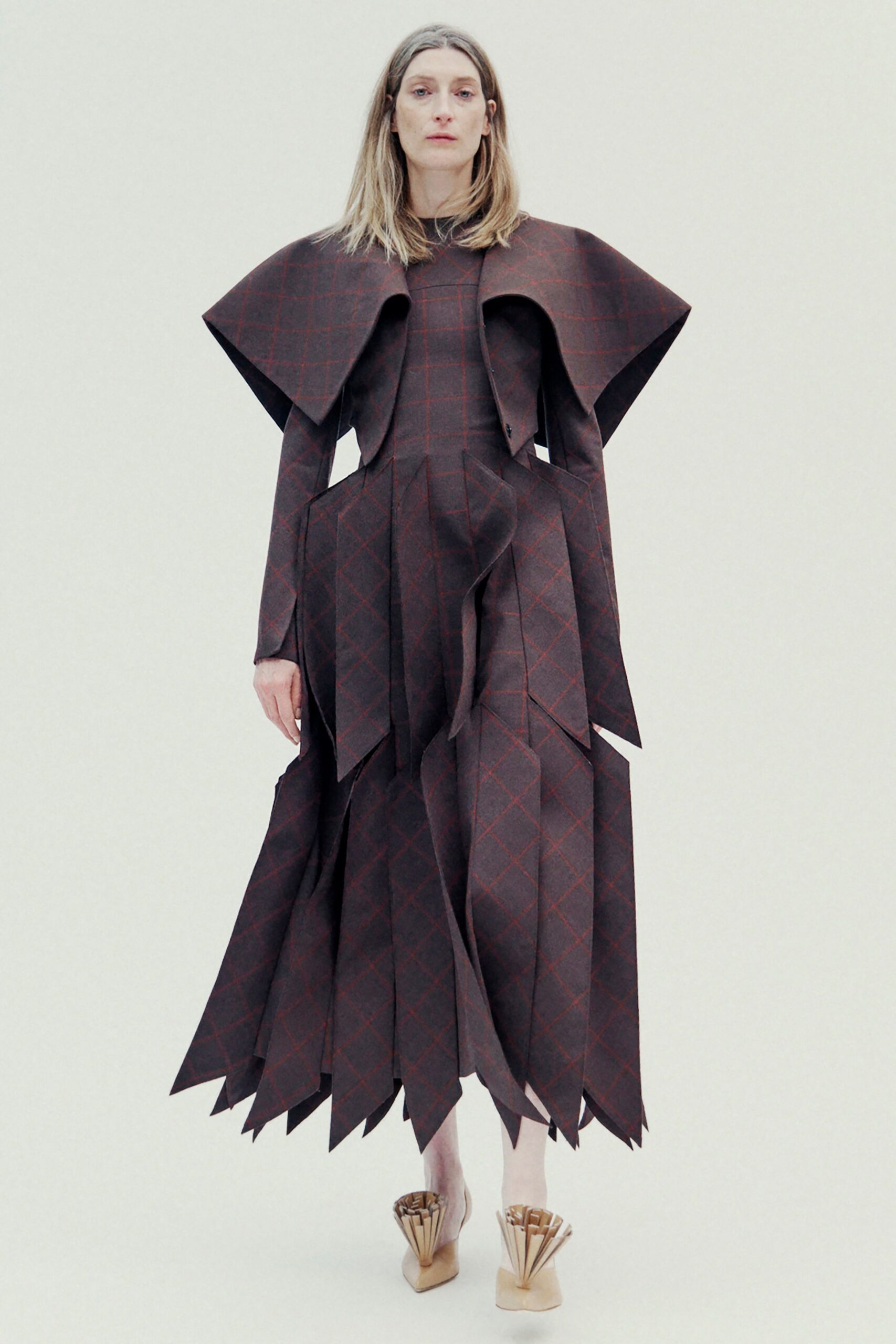 brown cotton long-sleeve collared fitted pleated layered dress
