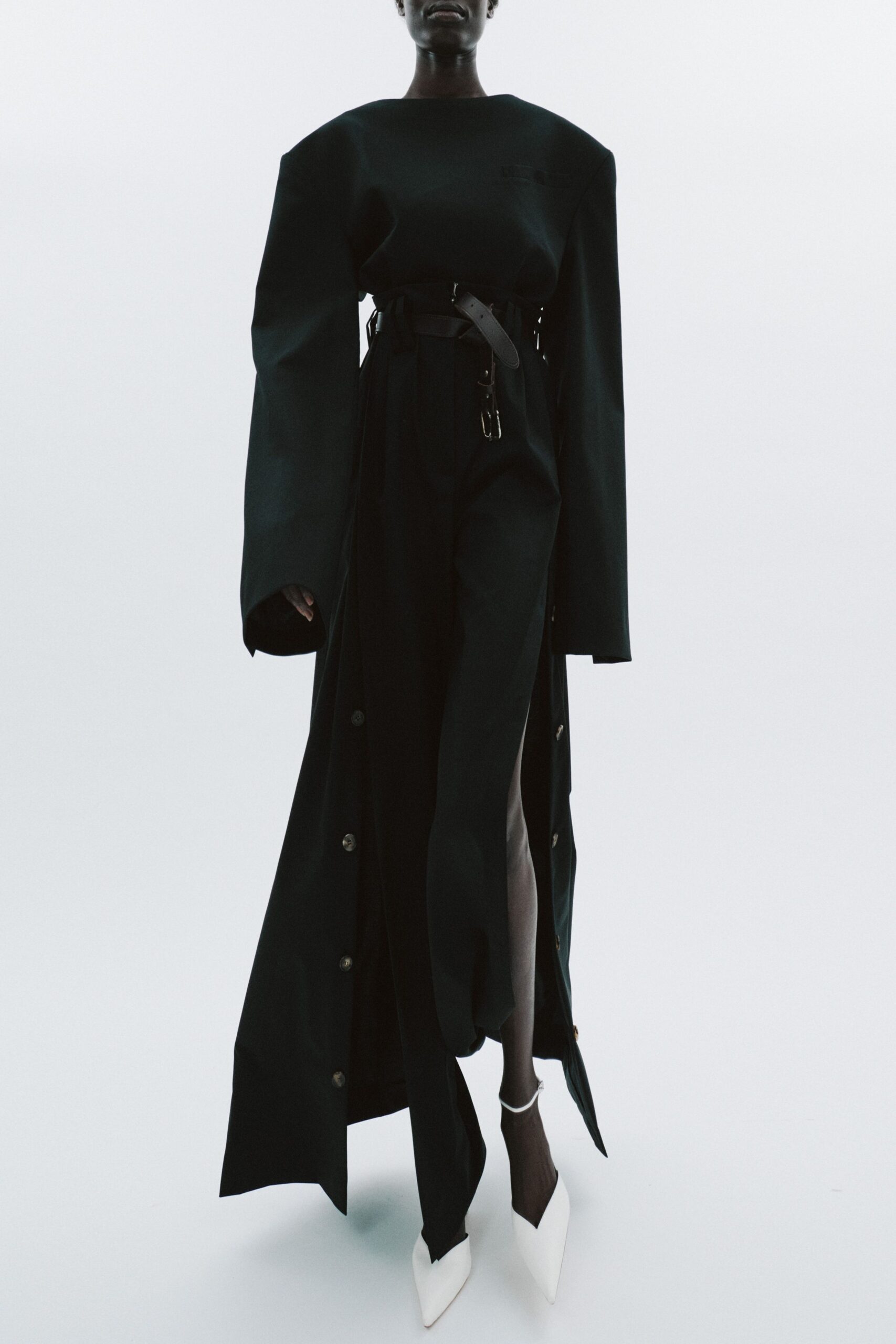 black cotton long-sleeve collared fitted buttoned belted dress