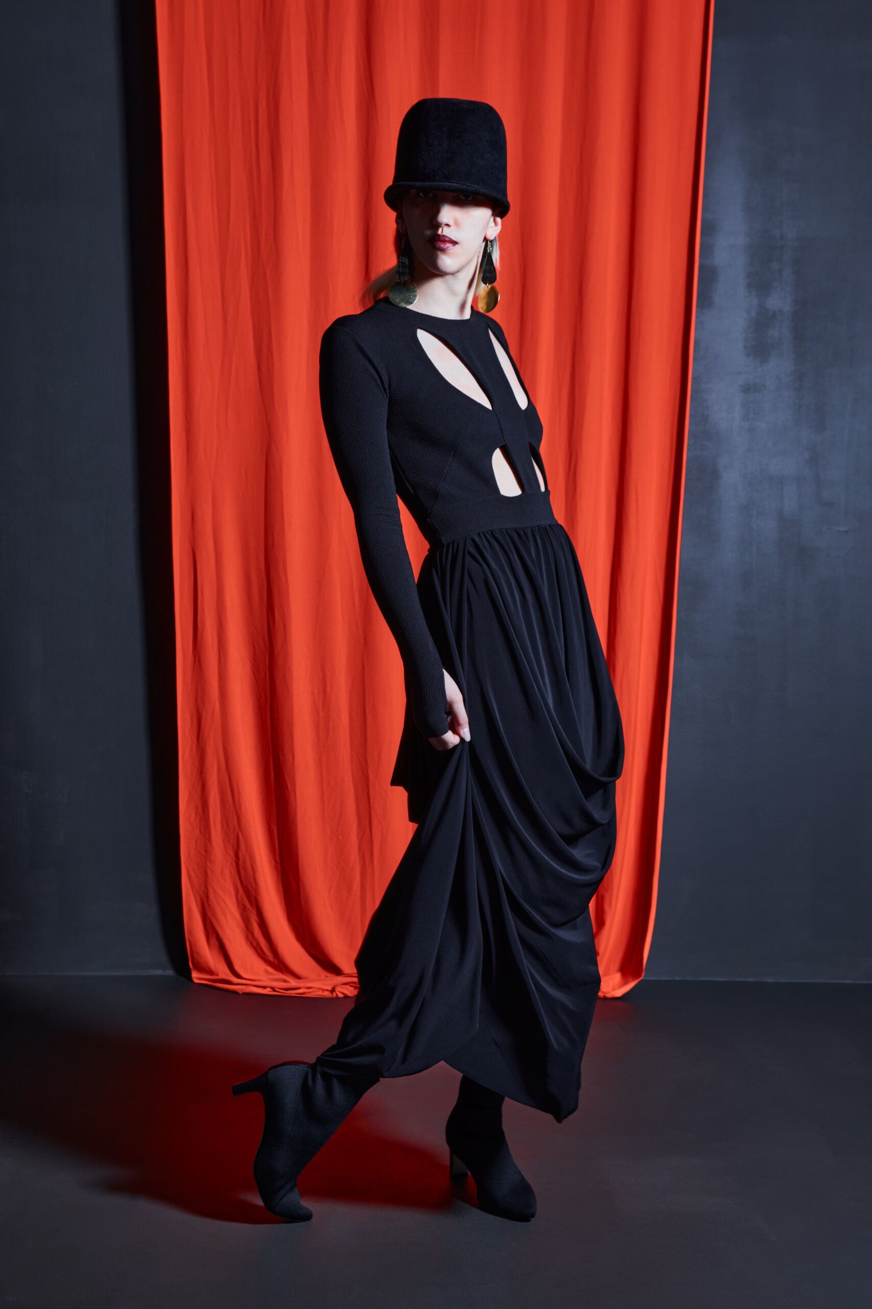 black fitted maxi dress with cutouts