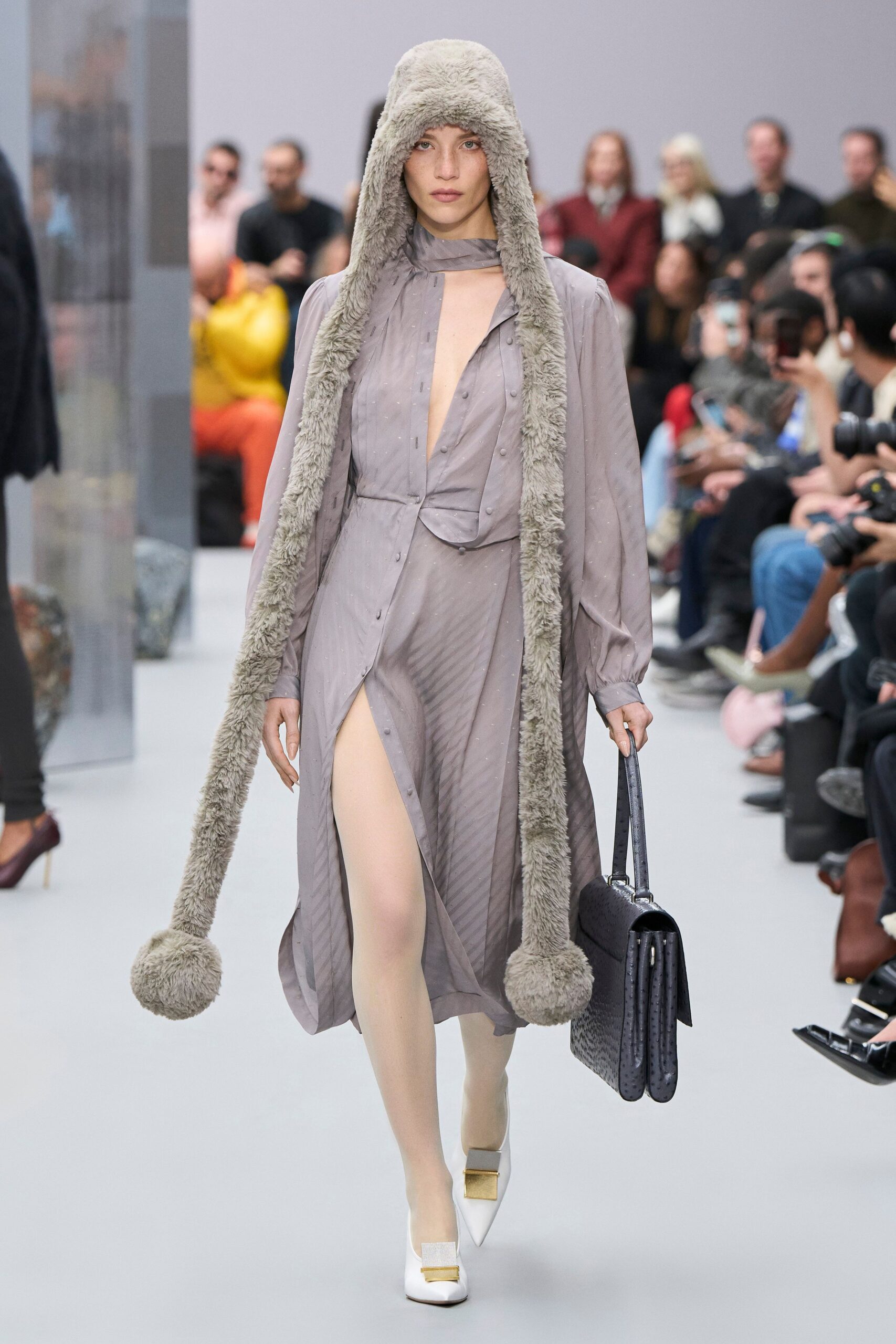 gray silk long-sleeve collared fitted pleated buttoned dress