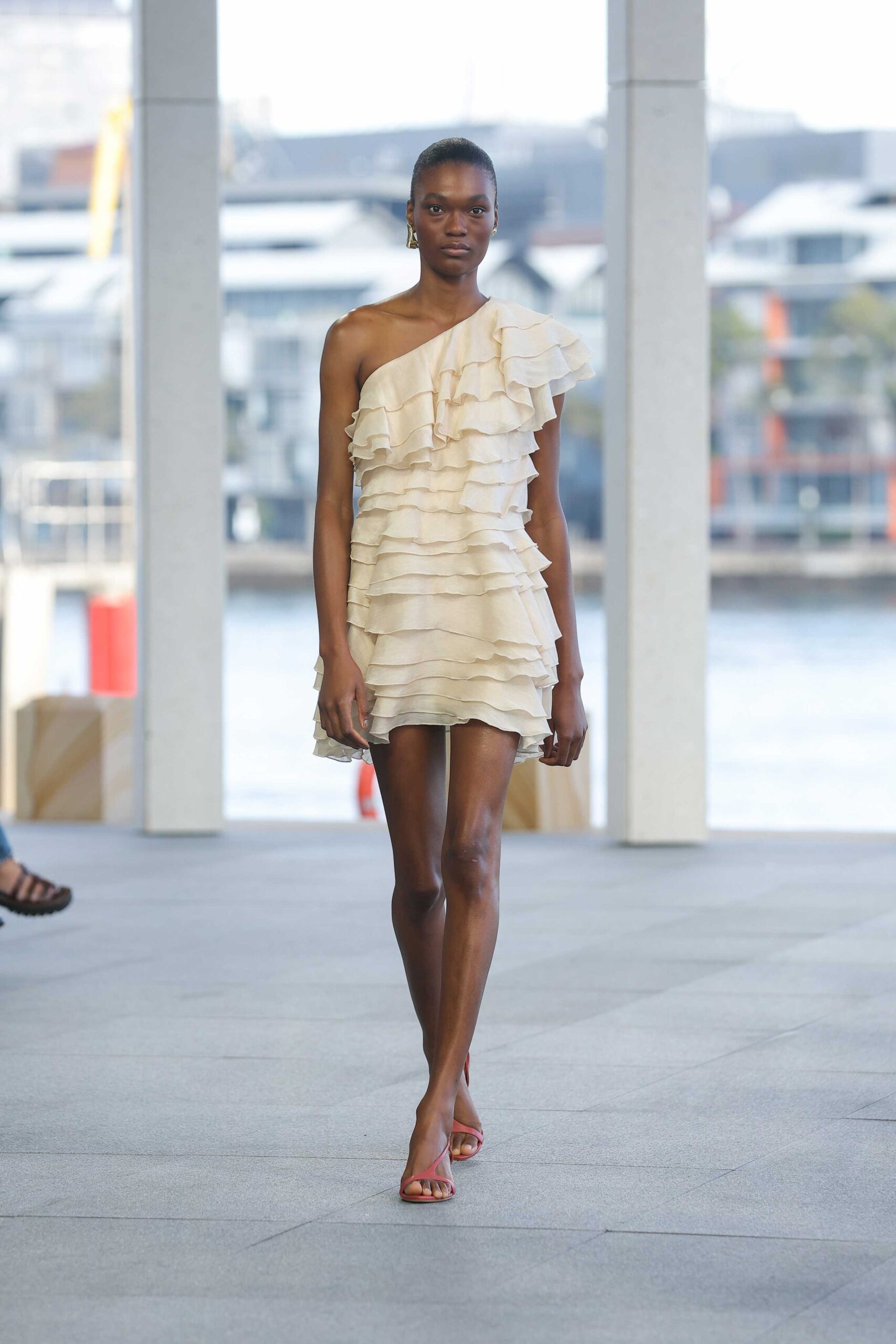 ivory chiffon off-shoulder sleeveless fitted layered ruffled mini-dress