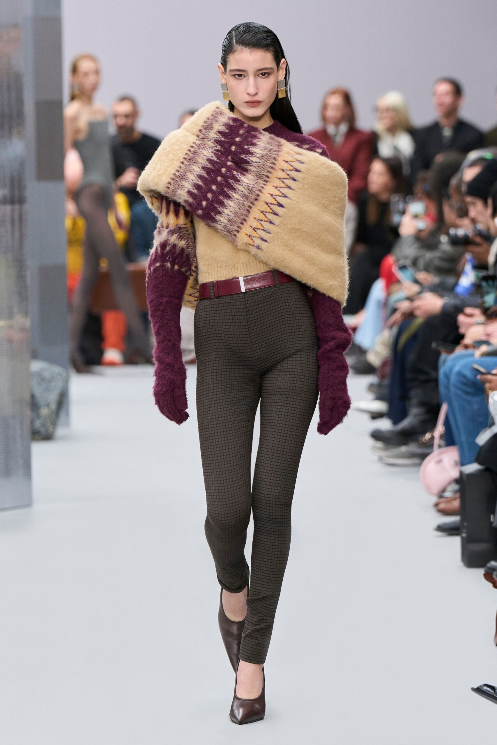 beige wool long-sleeve fitted layered top