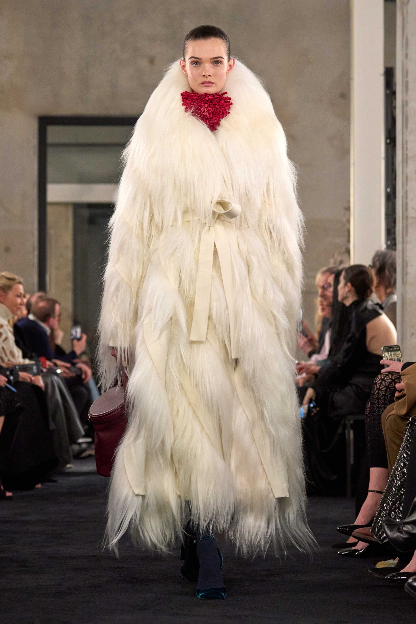 white fur long-sleeve oversized layered maxi coat