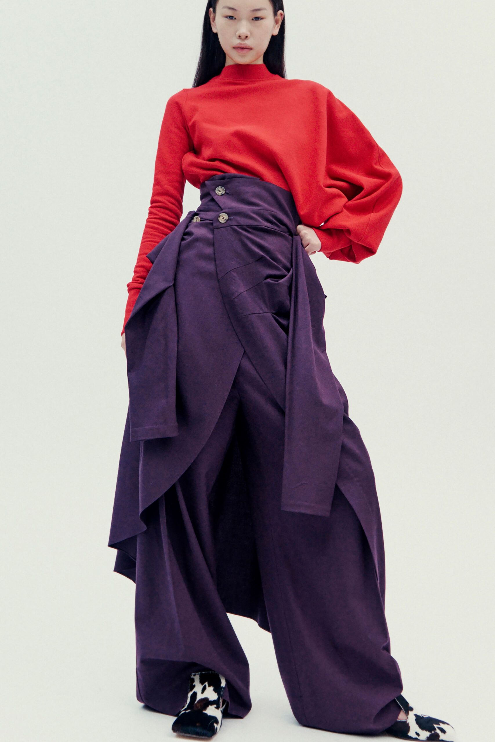 red cotton long-sleeve high-neck relaxed top