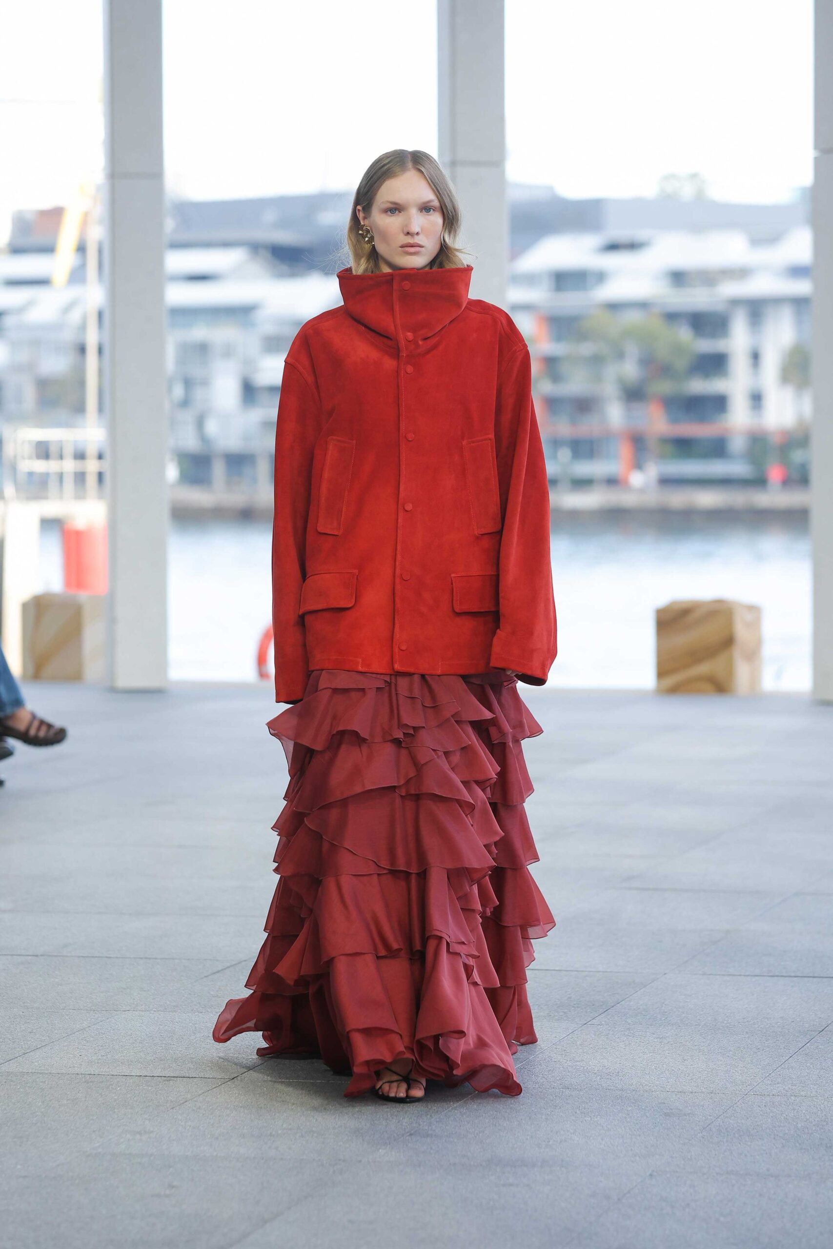 red suede long-sleeve high-neck oversized buttoned pockets coat