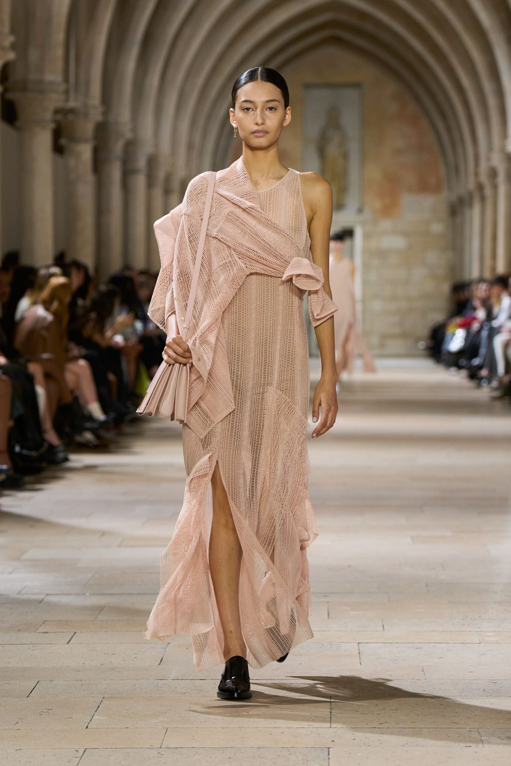 pink silk sleeveless v-neck fitted pleated draped dress