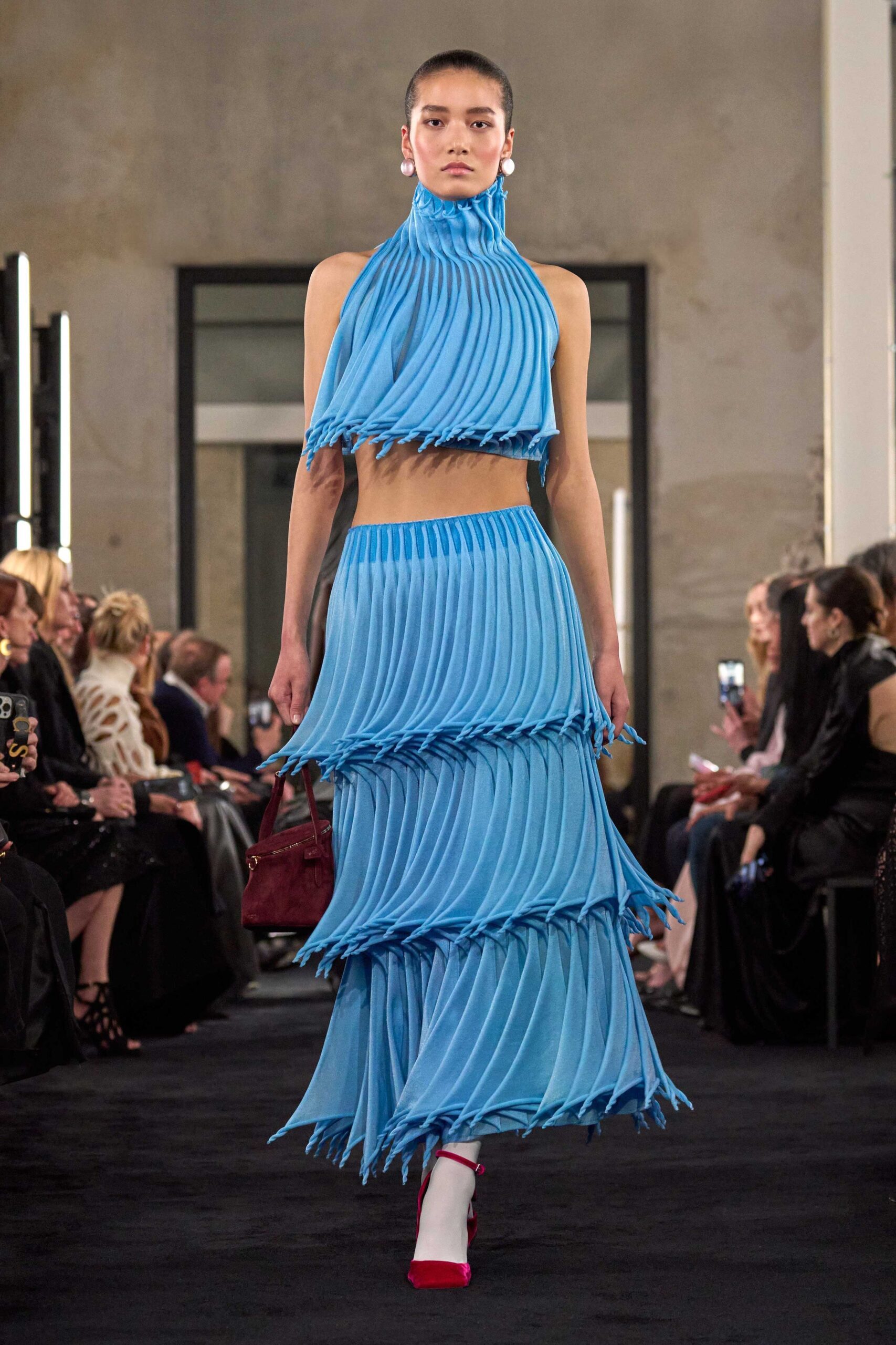 blue silk fitted pleated tiered midi skirt