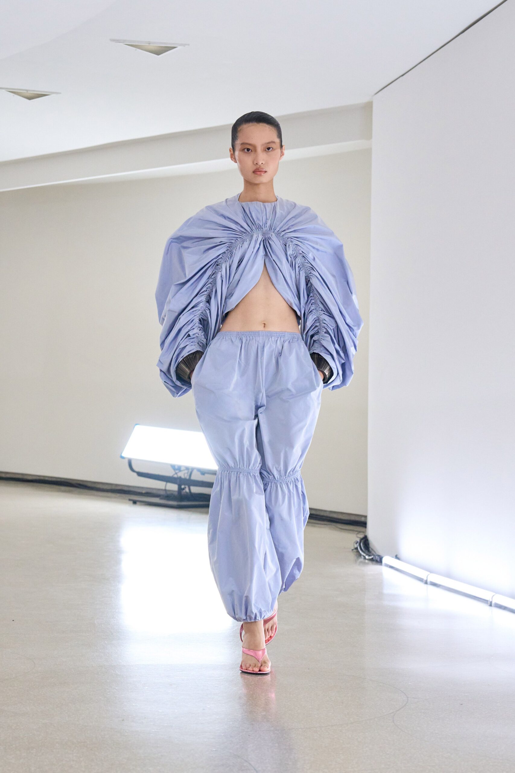 blue silk relaxed padded pants