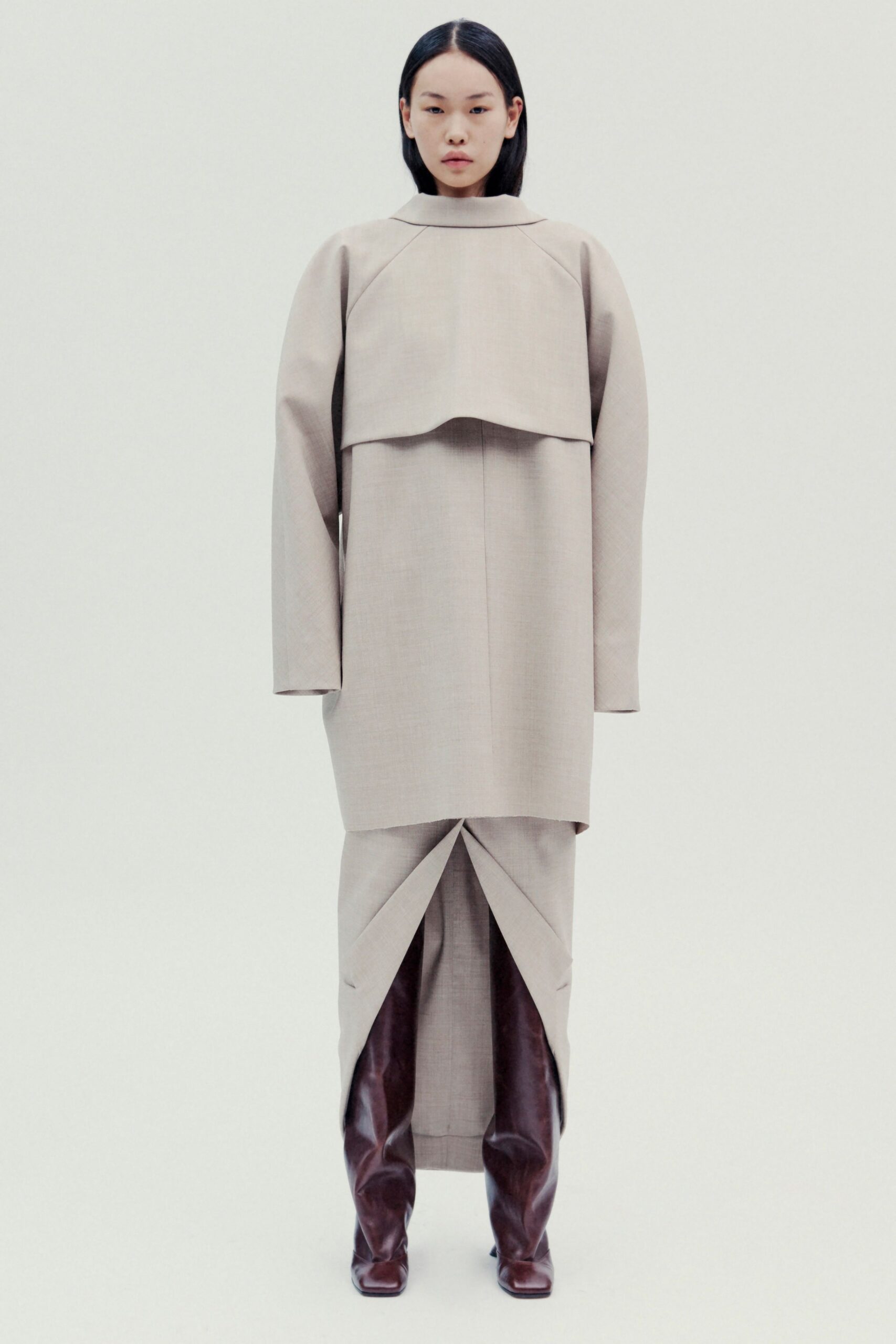 beige cotton long-sleeve high-neck relaxed layered midi dress