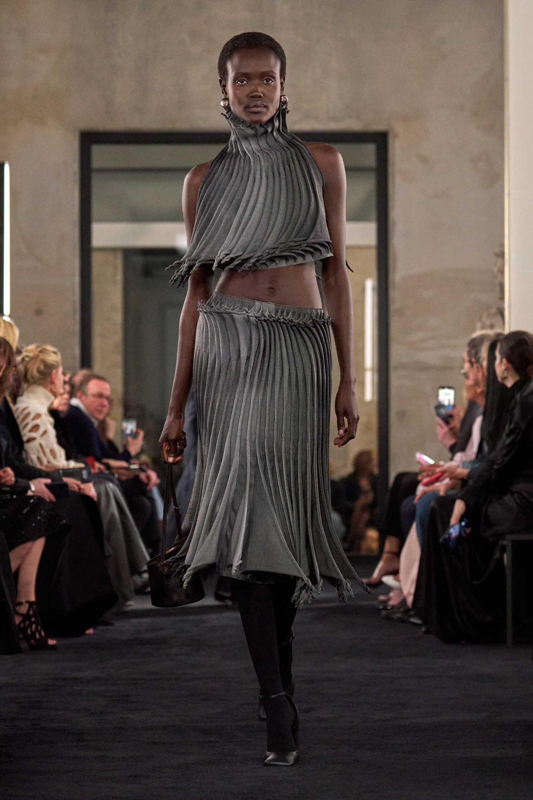 gray silk fitted pleated tiered skirt