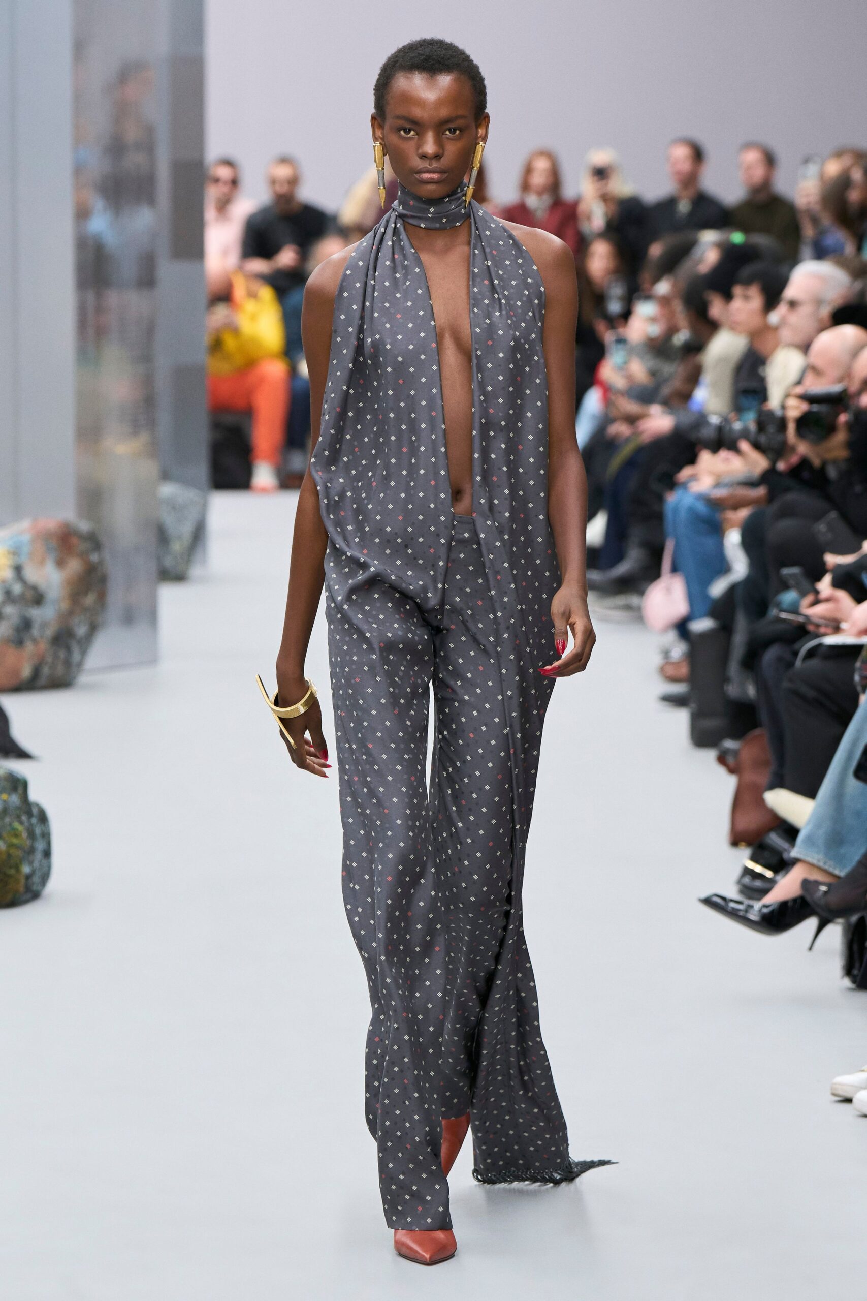 gray silk sleeveless v-neck fitted polka-dot draped jumpsuit