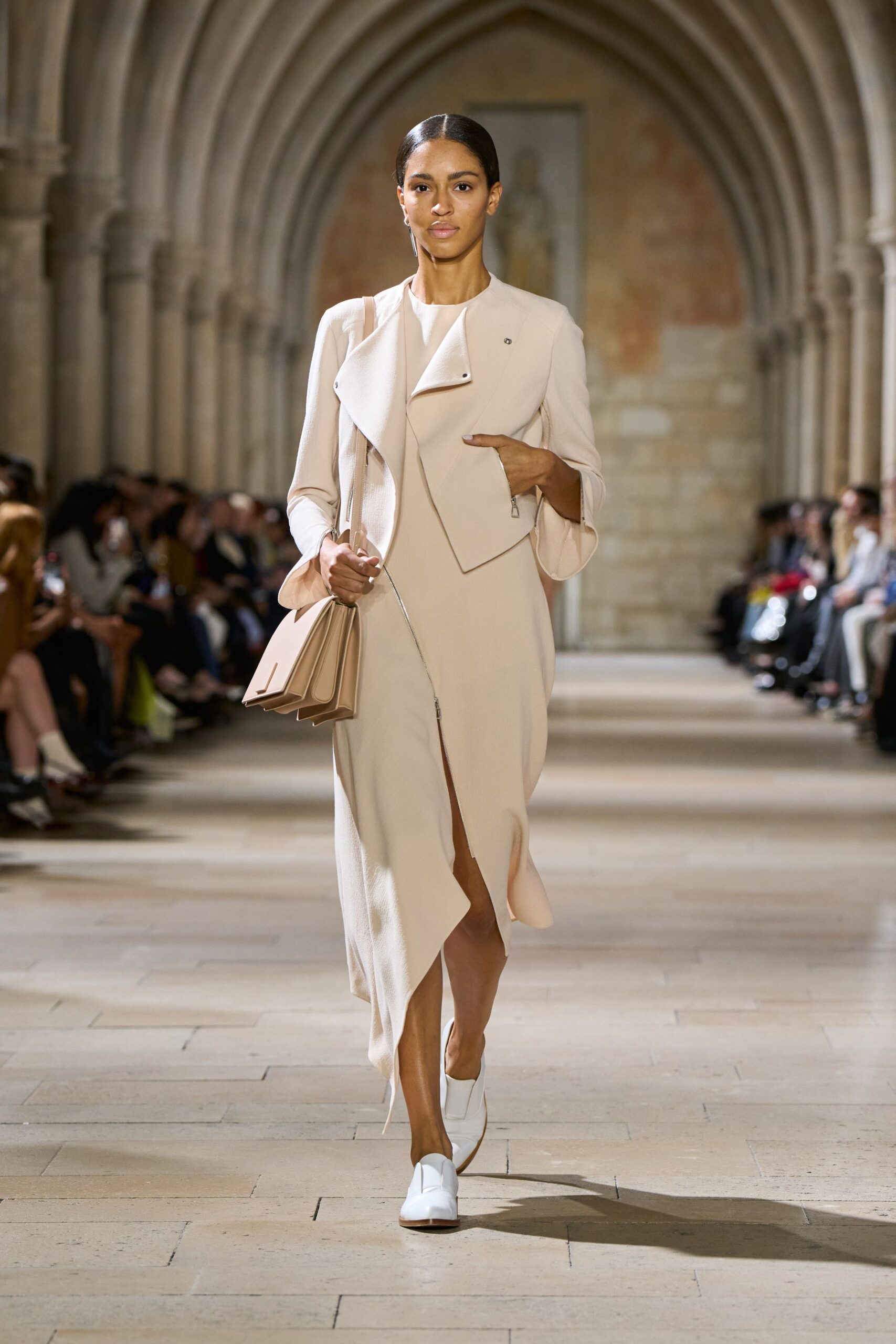 beige silk long-sleeve collared structured zippered jacket