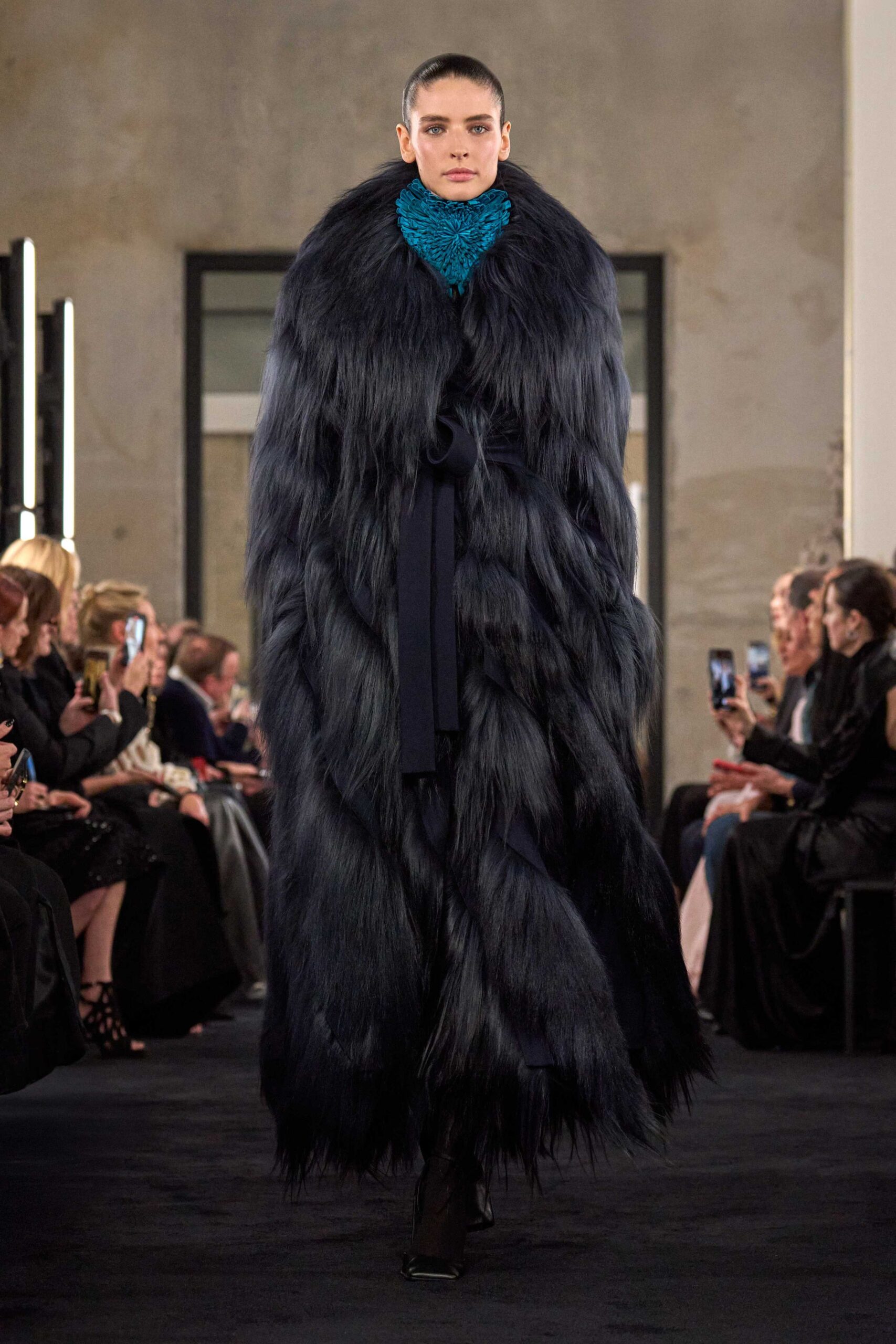 black fur coat with blue scarf