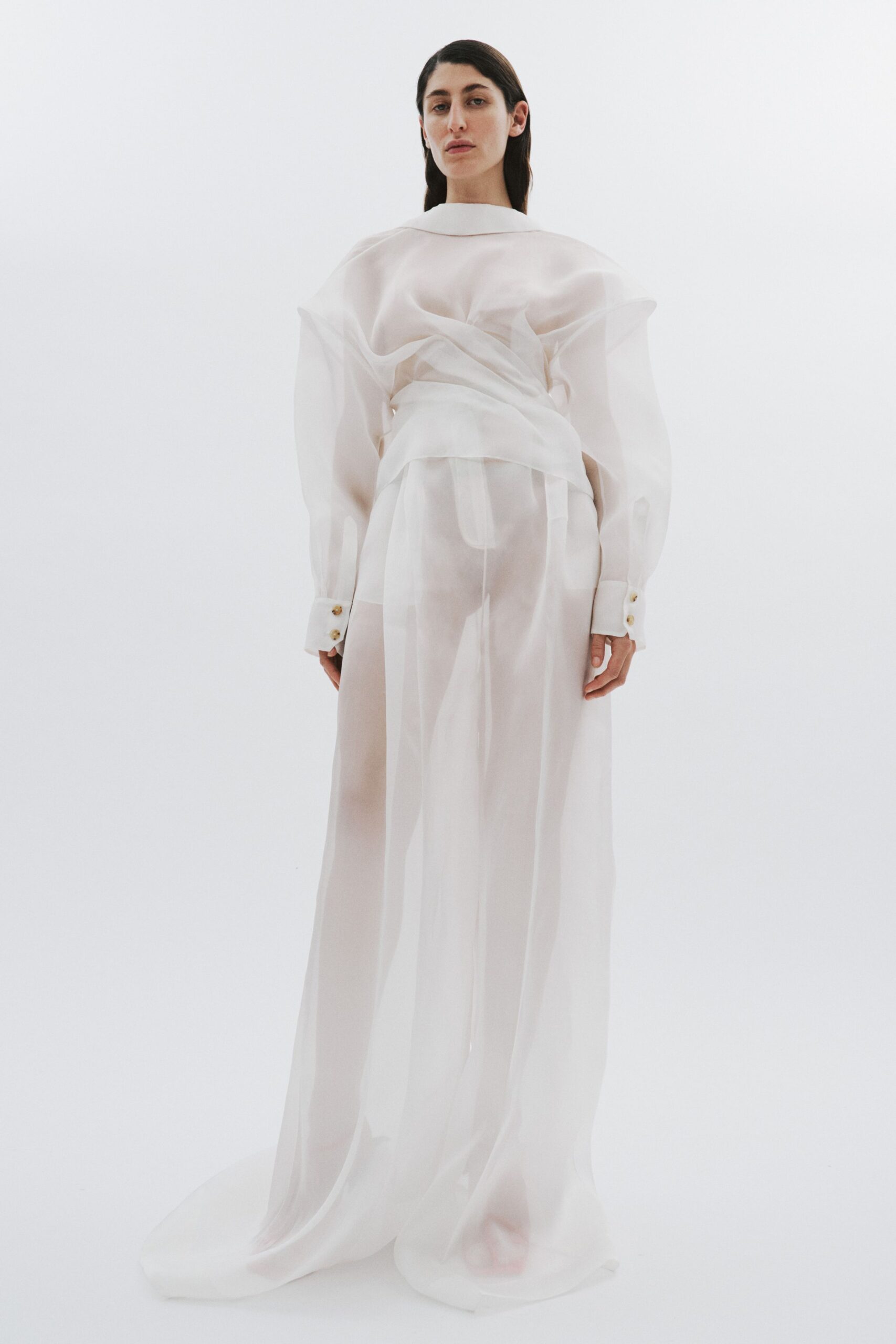 white sheer draped maxi dress