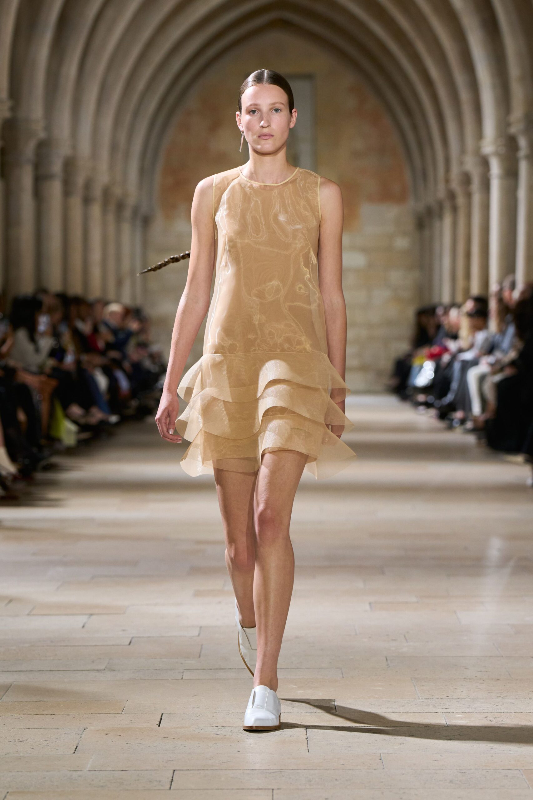 beige chiffon sleeveless v-neck fitted tiered flowing dress